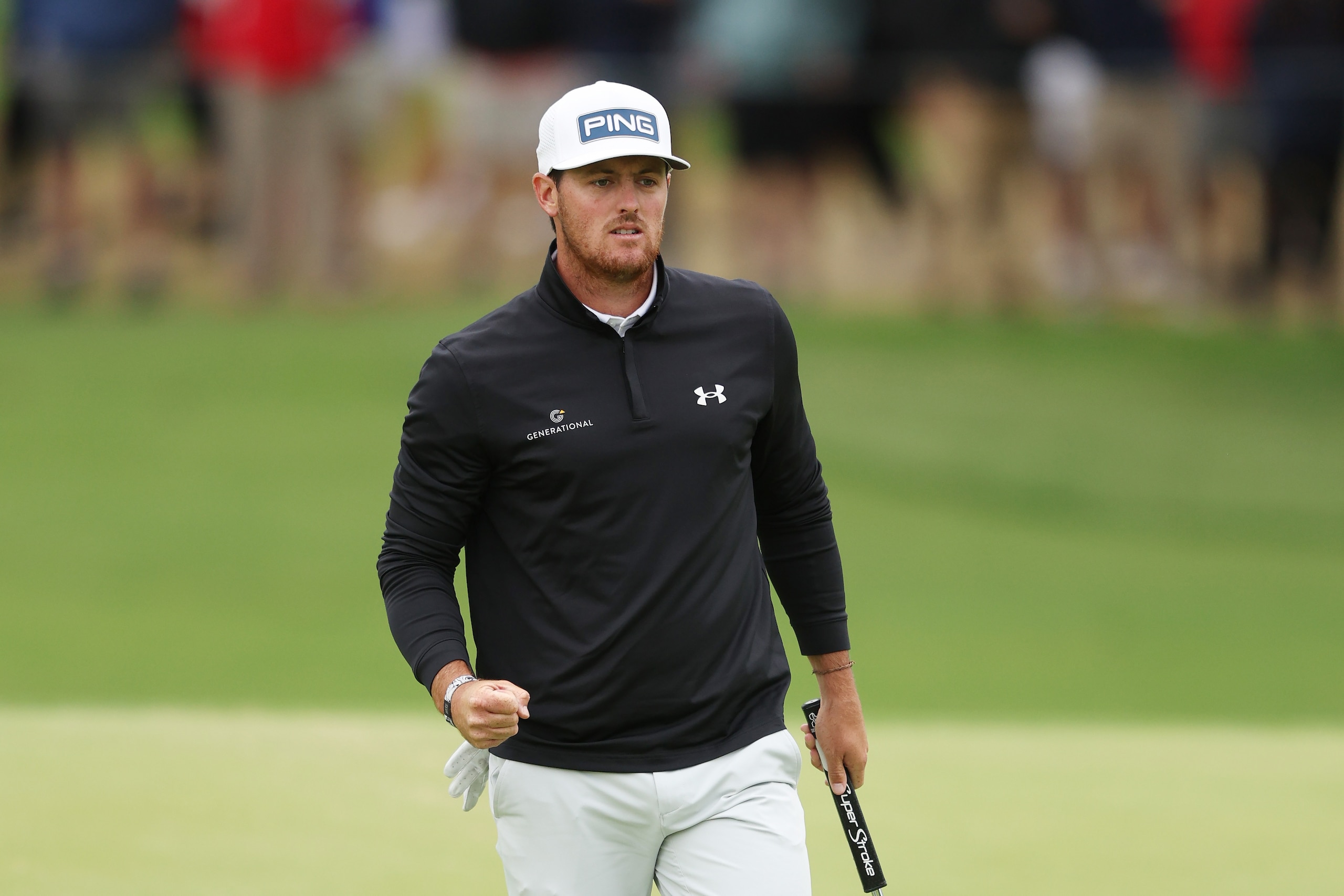 TULSA, OKLAHOMA - MAY 21: Mito Pereira of Chile reacts to his putt on the 18th green during the third round of the 2022 PGA Championship at Southern Hills Country Club on May 21, 2022 in Tulsa, Oklahoma. (Photo by Richard Heathcote/Getty Images)