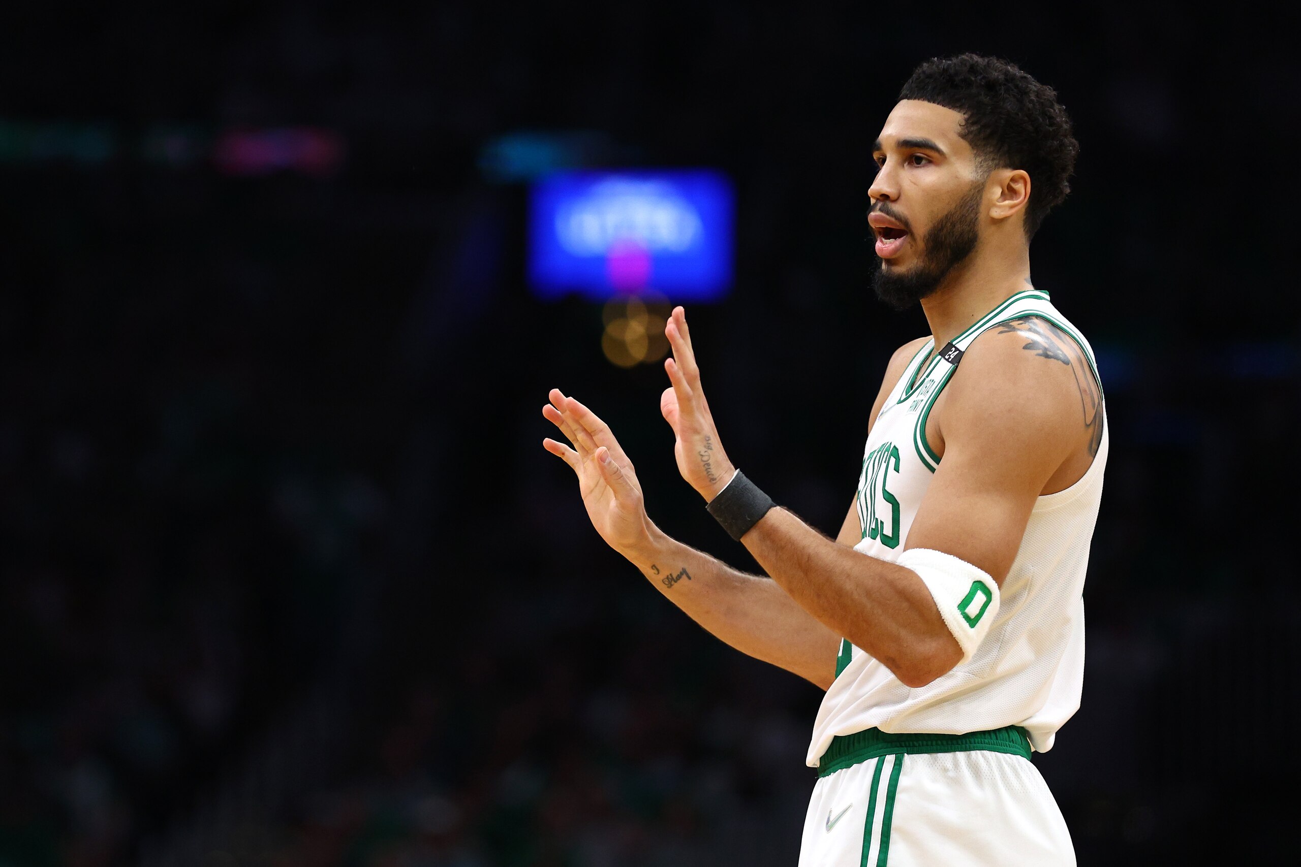BOSTON, MASSACHUSETTS - MAY 21: Jayson Tatum #0 of the Boston Celtics reacts in the second quarter against the Miami Heat in Game Three of the 2022 NBA Playoffs Eastern Conference Finals at TD Garden on May 21, 2022 in Boston, Massachusetts. NOTE TO USER: User expressly acknowledges and agrees that, by downloading and/or using this photograph, User is consenting to the terms and conditions of the Getty Images License Agreement. (Photo by Elsa/Getty Images) BOSTON, MASSACHUSETTS - MAY 21: Jayson Tatum #0 of the Boston Celtics reacts in the second quarter against the Miami Heat in Game Three of the 2022 NBA Playoffs Eastern Conference Finals at TD Garden on May 21, 2022 in Boston, Massachusetts. NOTE TO USER: User expressly acknowledges and agrees that, by downloading and/or using this photograph, User is consenting to the terms and conditions of the Getty Images License Agreement. (Photo by Elsa/Getty Images)
