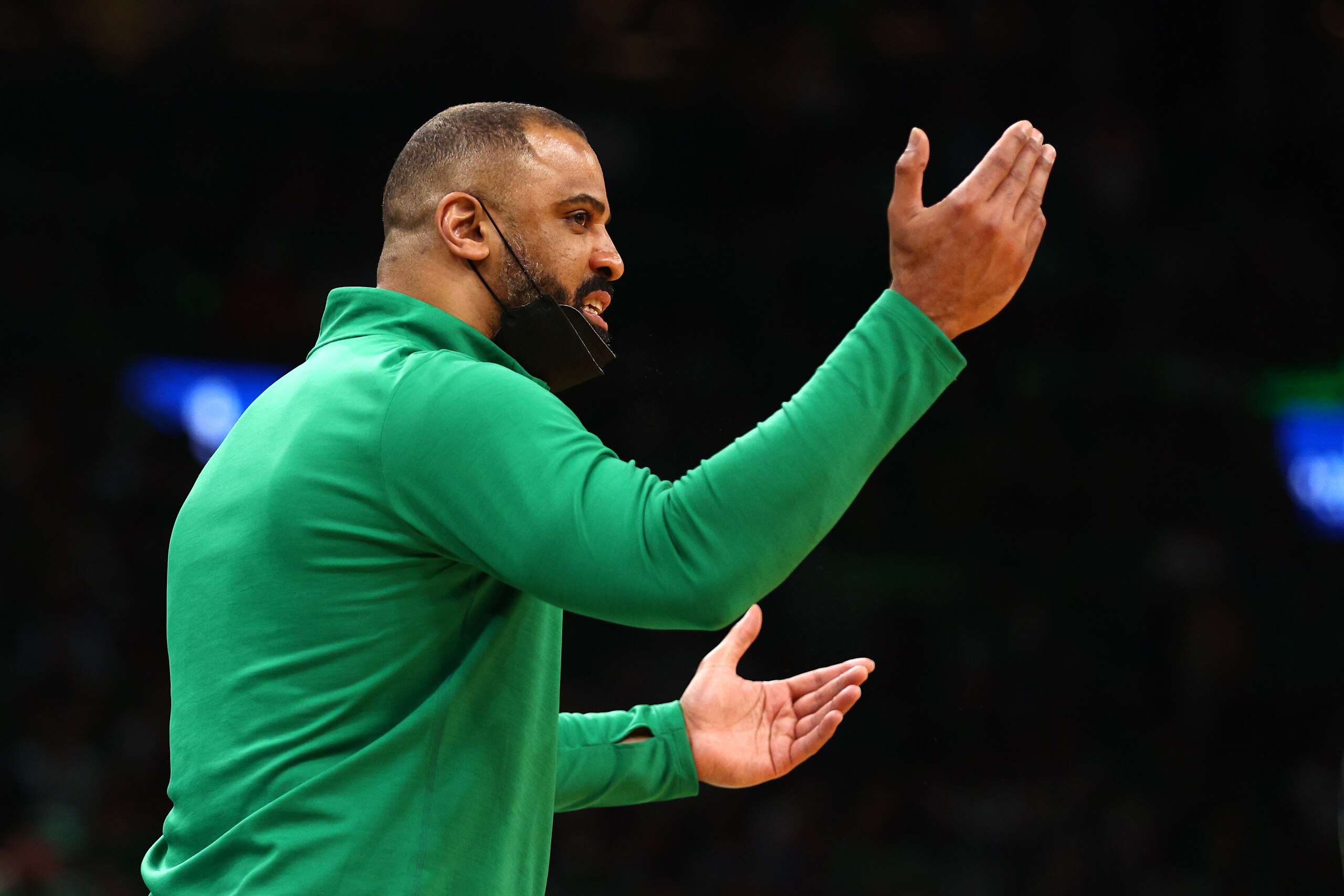 BOSTON, MASSACHUSETTS - MAY 21: Head coach Ime Udoka of the Boston Celtics reacts in the third quarter against the Miami Heat in Game Three of the 2022 NBA Playoffs Eastern Conference Finals at TD Garden on May 21, 2022 in Boston, Massachusetts. NOTE TO USER: User expressly acknowledges and agrees that, by downloading and/or using this photograph, User is consenting to the terms and conditions of the Getty Images License Agreement. (Photo by Elsa/Getty Images) BOSTON, MASSACHUSETTS - MAY 21: Head coach Ime Udoka of the Boston Celtics reacts in the third quarter against the Miami Heat in Game Three of the 2022 NBA Playoffs Eastern Conference Finals at TD Garden on May 21, 2022 in Boston, Massachusetts. NOTE TO USER: User expressly acknowledges and agrees that, by downloading and/or using this photograph, User is consenting to the terms and conditions of the Getty Images License Agreement. (Photo by Elsa/Getty Images)