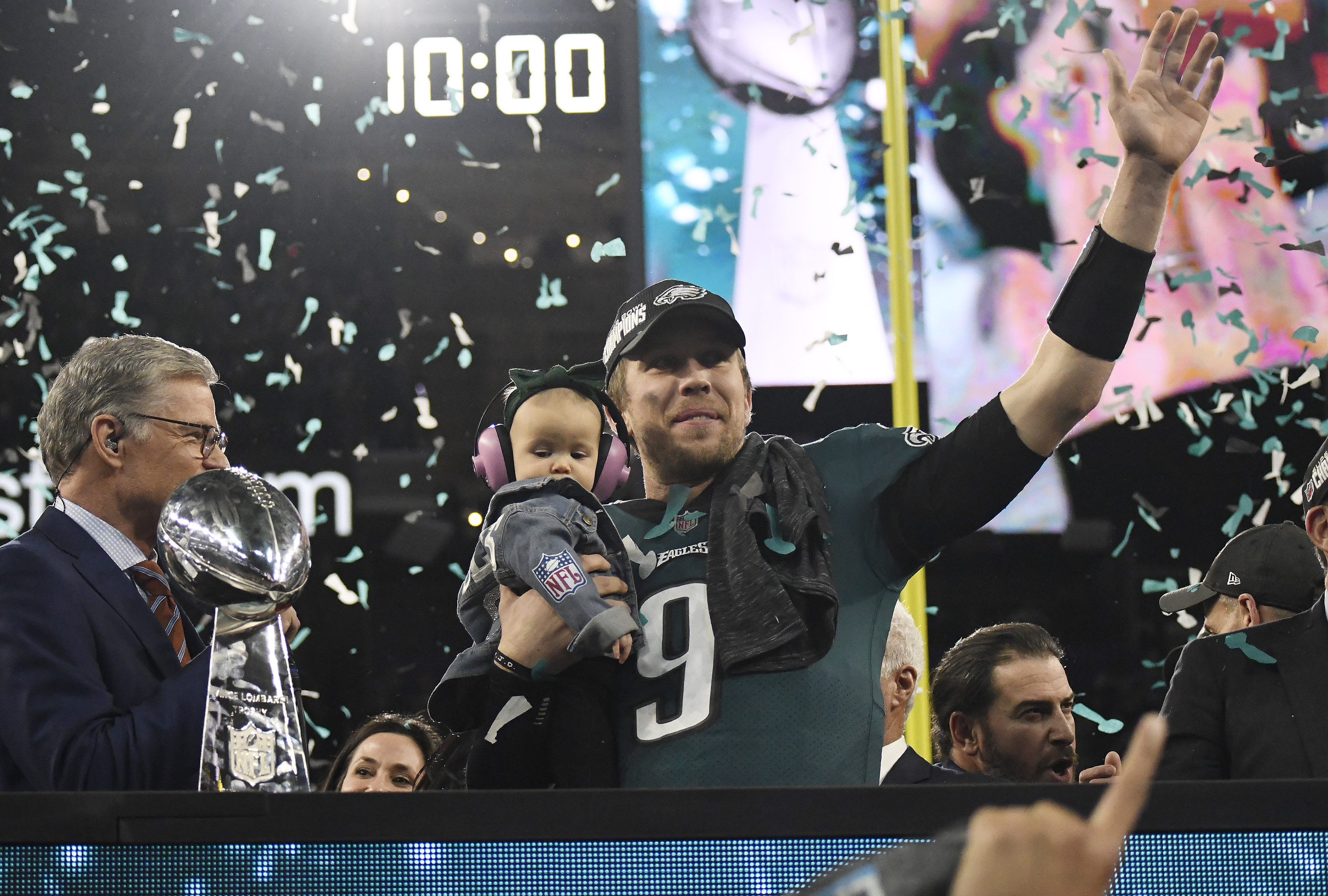 MINNEAPOLIS, MN - FEBRUARY 04: Nick Foles #9 of the Philadelphia Eagles celebrates with the Lombardi Trophy after the Eagles defeated the New England Patriots in Super Bowl LII at U.S. Bank Stadium on February 4, 2018 in Minneapolis, Minnesota. The Eagles defeated the Patriots 41-33. (Photo by Focus on Sport/Getty Images) *** Local Caption *** Nick Foles