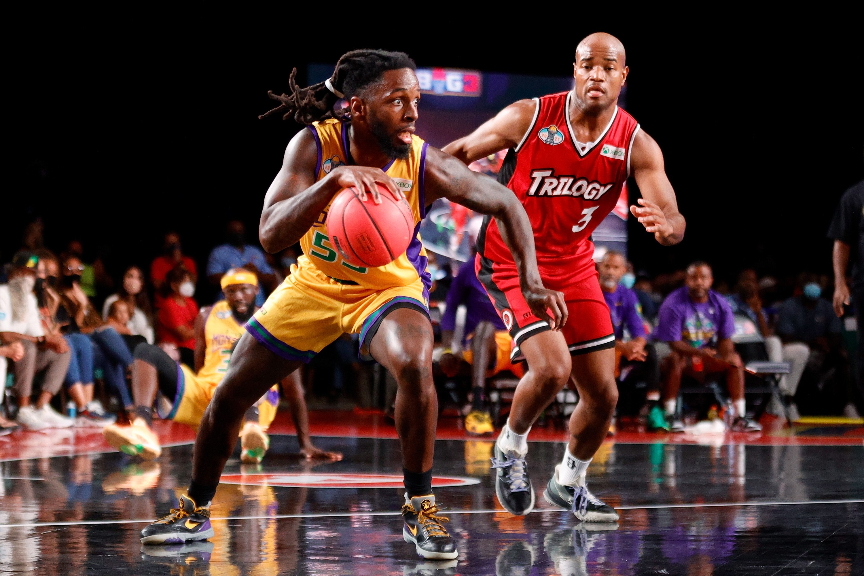 NASSAU, BAHAMAS - SEPTEMBER 04: Kevin Murphy #55 of the 3 Headed Monsters dribbles the ball while being guarded by Jarrett Jack #3 of the Trilogy during the BIG3 - Championship at Atlantis Paradise Island on September 04, 2021 in Nassau, Bahamas. (Photo by Tim Nwachukwu/Getty Images)