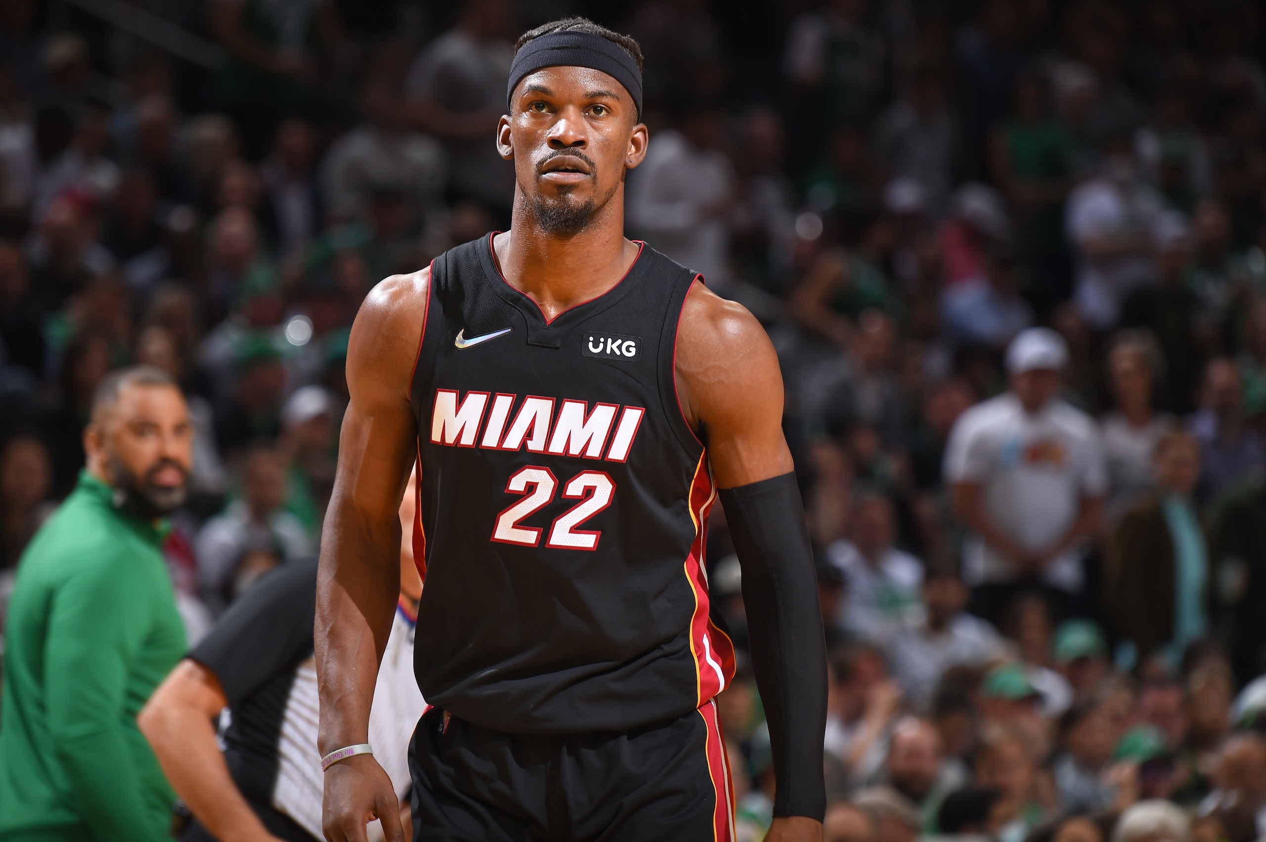 BOSTON, MA - MAY 23: Jimmy Butler #22 of the Miami Heat looks on against the Boston Celtics during Game 4 of the 2022 NBA Playoffs Eastern Conference Finals on May 23, 2022 at the TD Garden in Boston, Massachusetts.  NOTE TO USER: User expressly acknowledges and agrees that, by downloading and or using this photograph, User is consenting to the terms and conditions of the Getty Images License Agreement. Mandatory Copyright Notice: Copyright 2022 NBAE  (Photo by Brian Babineau/NBAE via Getty Images)