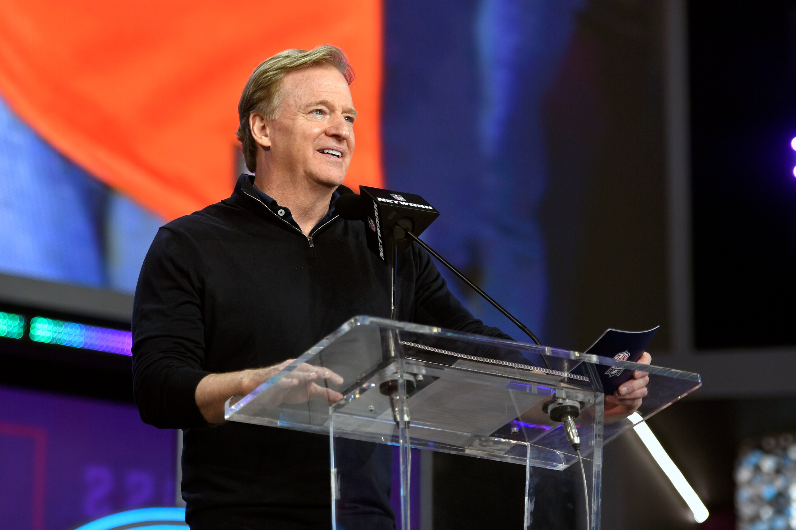 LAS VEGAS, NEVADA - APRIL 30: NFL Commission Roger Goodell speaks during round four of the 2022 NFL Draft on April 30, 2022 in Las Vegas, Nevada. (Photo by David Becker/Getty Images) LAS VEGAS, NEVADA - APRIL 30: NFL Commission Roger Goodell speaks during round four of the 2022 NFL Draft on April 30, 2022 in Las Vegas, Nevada. (Photo by David Becker/Getty Images)