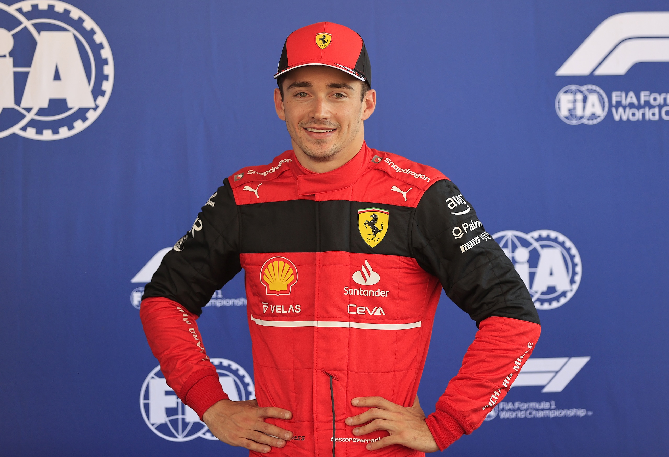 BARCELONA, SPAIN - MAY 21: Charles Leclerc of Ferrari celebrates the pole position after qualifying for the F1 Grand Prix of Spain at the Circuit de Barcelona-Catalunya in Barcelona, Spain on May 21, 2022. (Photo by Burak Akbulut/Anadolu Agency via Getty Images)