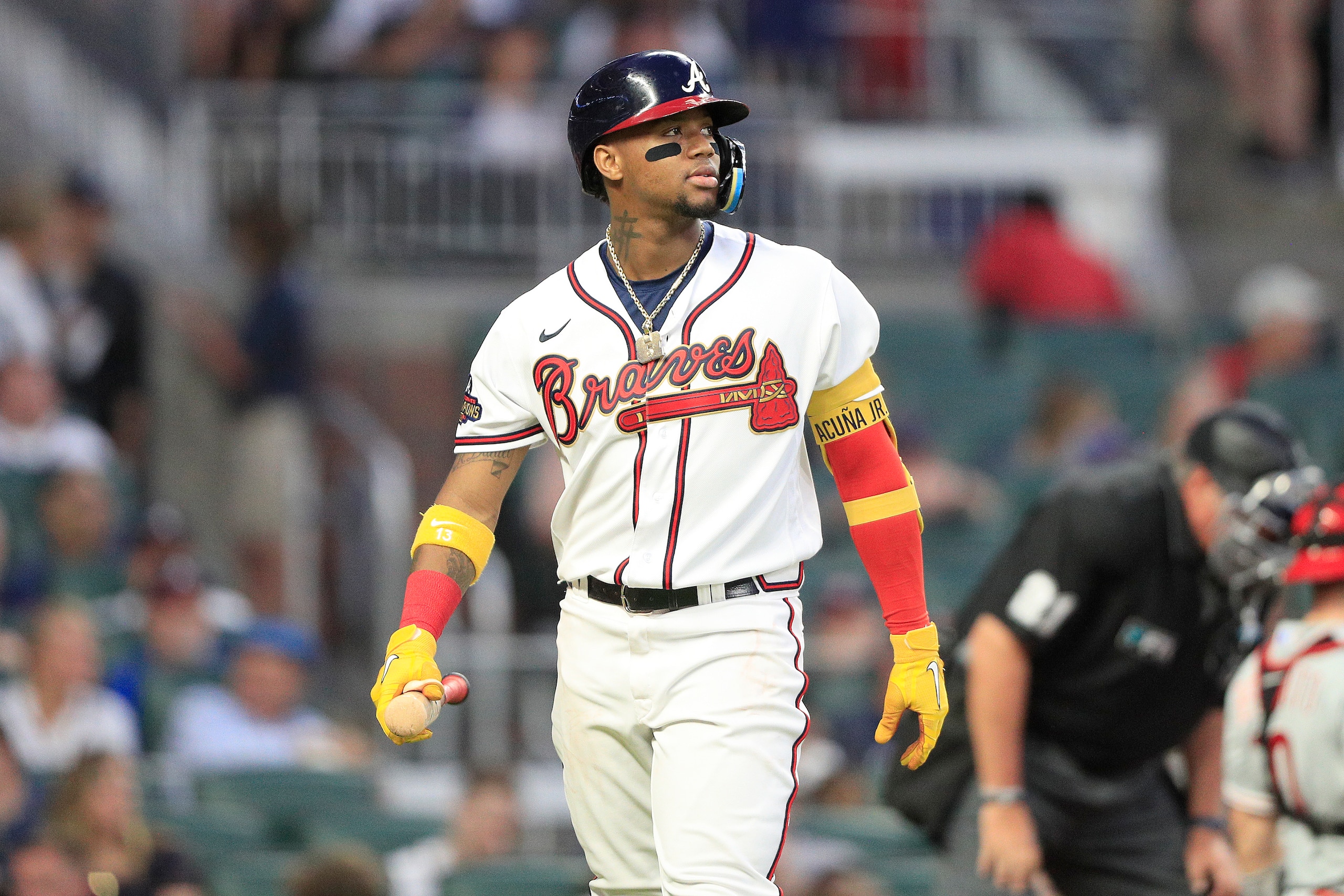 ATLANTA, GA - MAY 23: Ronald Acuna Jr. (13) of the Atlanta Braves reacts after striking out during the Monday evening MLB game between the Atlanta Braves and the Philadelphia Phillies on May 23, 2022 at Truist Park in Atlanta, Georgia.  (Photo by David J. Griffin/Icon Sportswire via Getty Images)