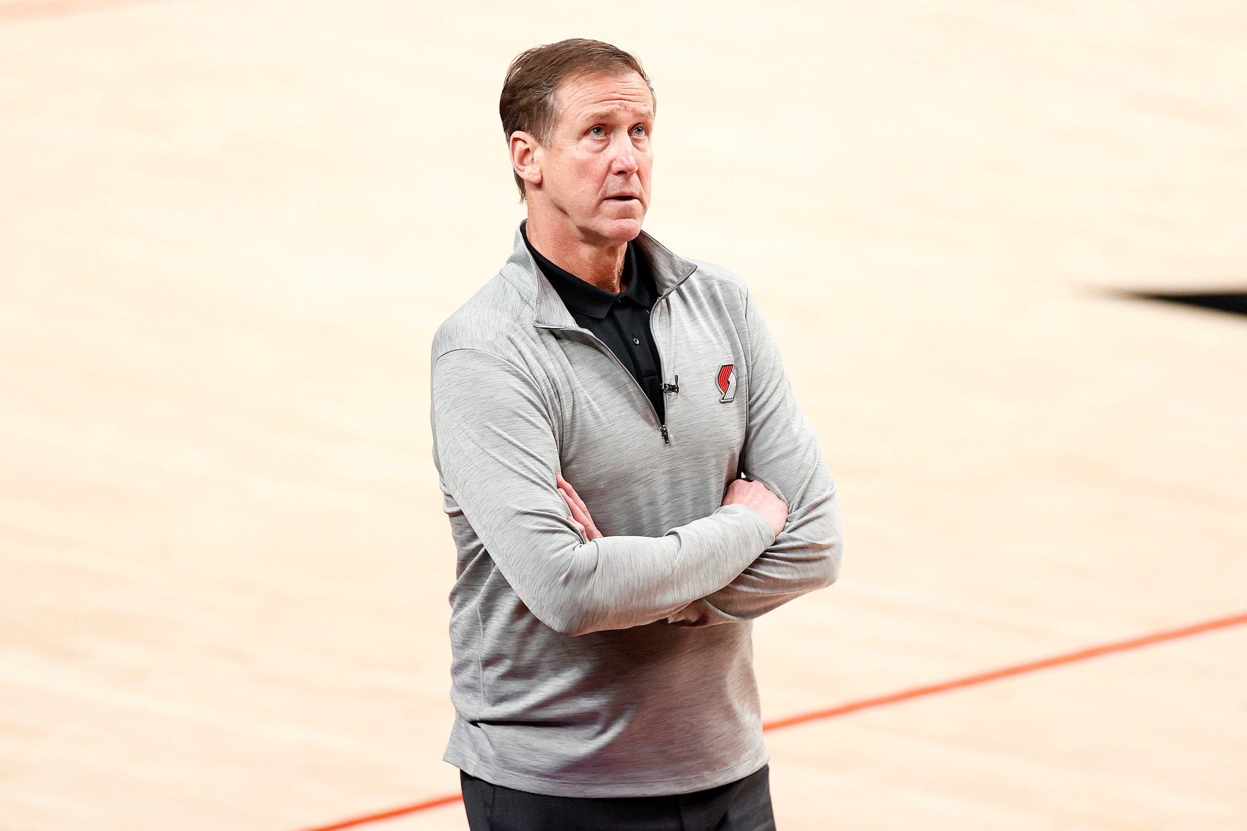PORTLAND, OREGON - MAY 29: Head coach Terry Stotts of the Portland Trail Blazers looks on in the third quarter against the Denver Nuggets during Round 1, Game 4 of the 2021 NBA Playoffs at Moda Center on May 29, 2021 in Portland, Oregon. NOTE TO USER: User expressly acknowledges and agrees that, by downloading and or using this photograph, User is consenting to the terms and conditions of the Getty Images License Agreement. (Photo by Steph Chambers/Getty Images)