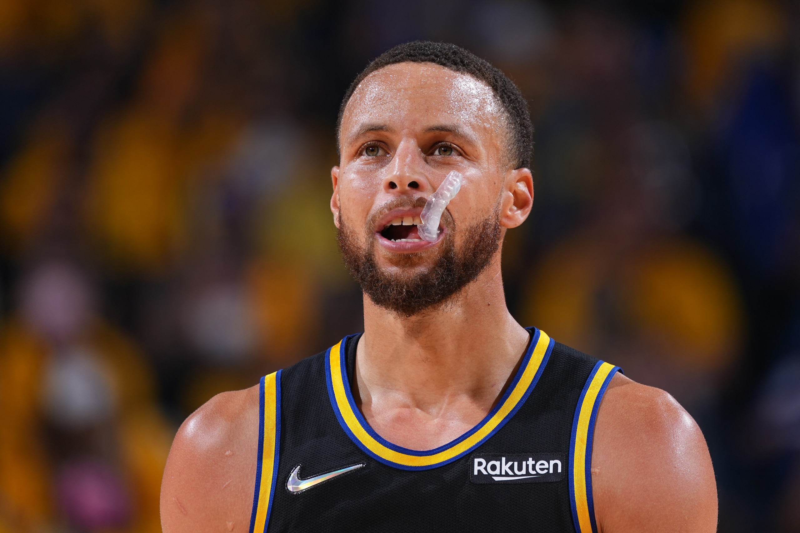 SAN FRANCISCO, CA - MAY 26: Stephen Curry #30 of the Golden State Warriors looks on against the Dallas Mavericks during Game 5 of the 2022 NBA Playoffs Western Conference Finals on May 26, 2022 at Chase Center in San Francisco, California. NOTE TO USER: User expressly acknowledges and agrees that, by downloading and or using this photograph, user is consenting to the terms and conditions of Getty Images License Agreement. Mandatory Copyright Notice: Copyright 2022 NBAE (Photo by Garrett Ellwood/NBAE via Getty Images) SAN FRANCISCO, CA - MAY 26: Stephen Curry #30 of the Golden State Warriors looks on against the Dallas Mavericks during Game 5 of the 2022 NBA Playoffs Western Conference Finals on May 26, 2022 at Chase Center in San Francisco, California. NOTE TO USER: User expressly acknowledges and agrees that, by downloading and or using this photograph, user is consenting to the terms and conditions of Getty Images License Agreement. Mandatory Copyright Notice: Copyright 2022 NBAE (Photo by Garrett Ellwood/NBAE via Getty Images)