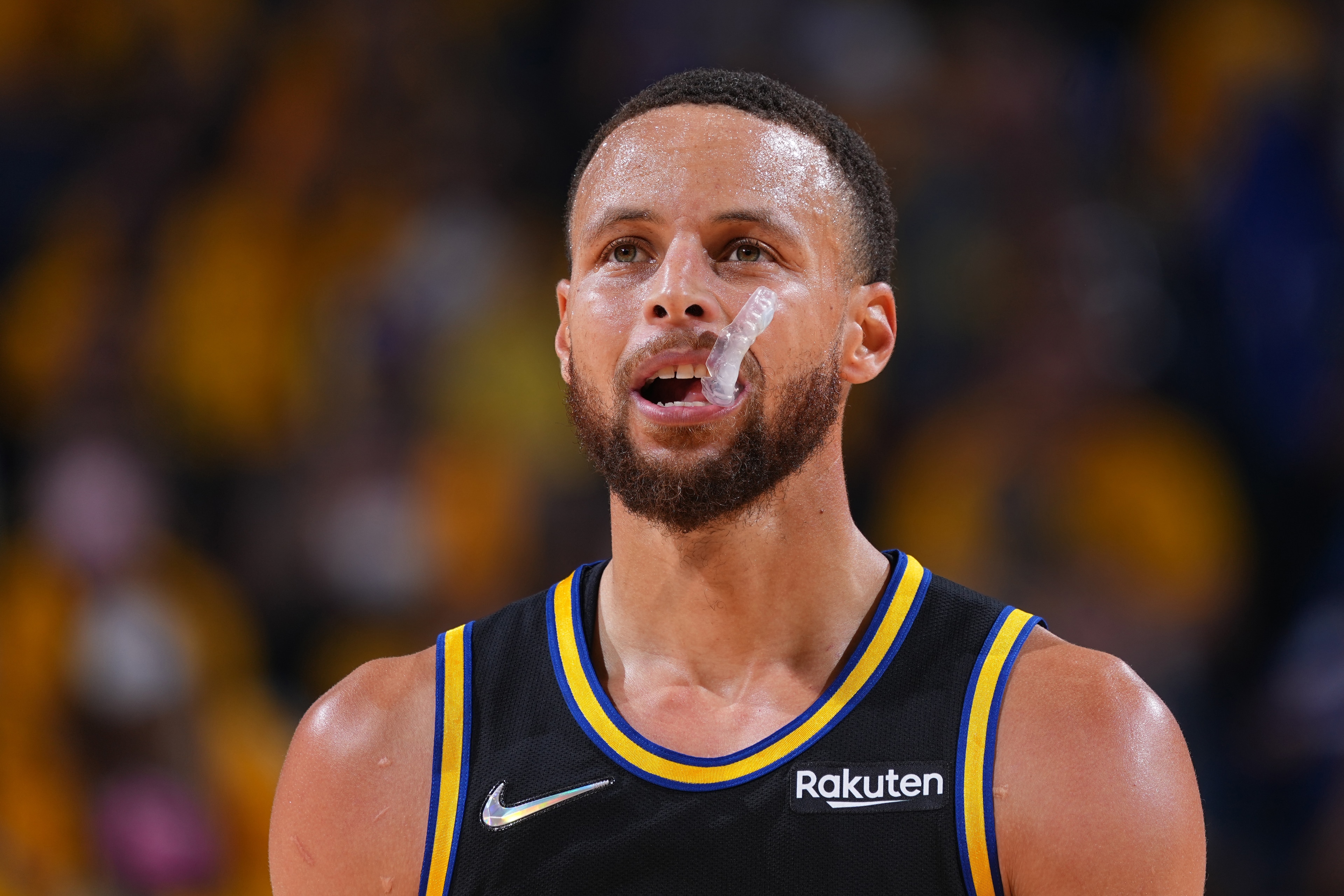 SAN FRANCISCO, CA - MAY 26: Stephen Curry #30 of the Golden State Warriors looks on against the Dallas Mavericks during Game 5 of the 2022 NBA Playoffs Western Conference Finals on May 26, 2022 at Chase Center in San Francisco, California. NOTE TO USER: User expressly acknowledges and agrees that, by downloading and or using this photograph, user is consenting to the terms and conditions of Getty Images License Agreement. Mandatory Copyright Notice: Copyright 2022 NBAE (Photo by Garrett Ellwood/NBAE via Getty Images)
