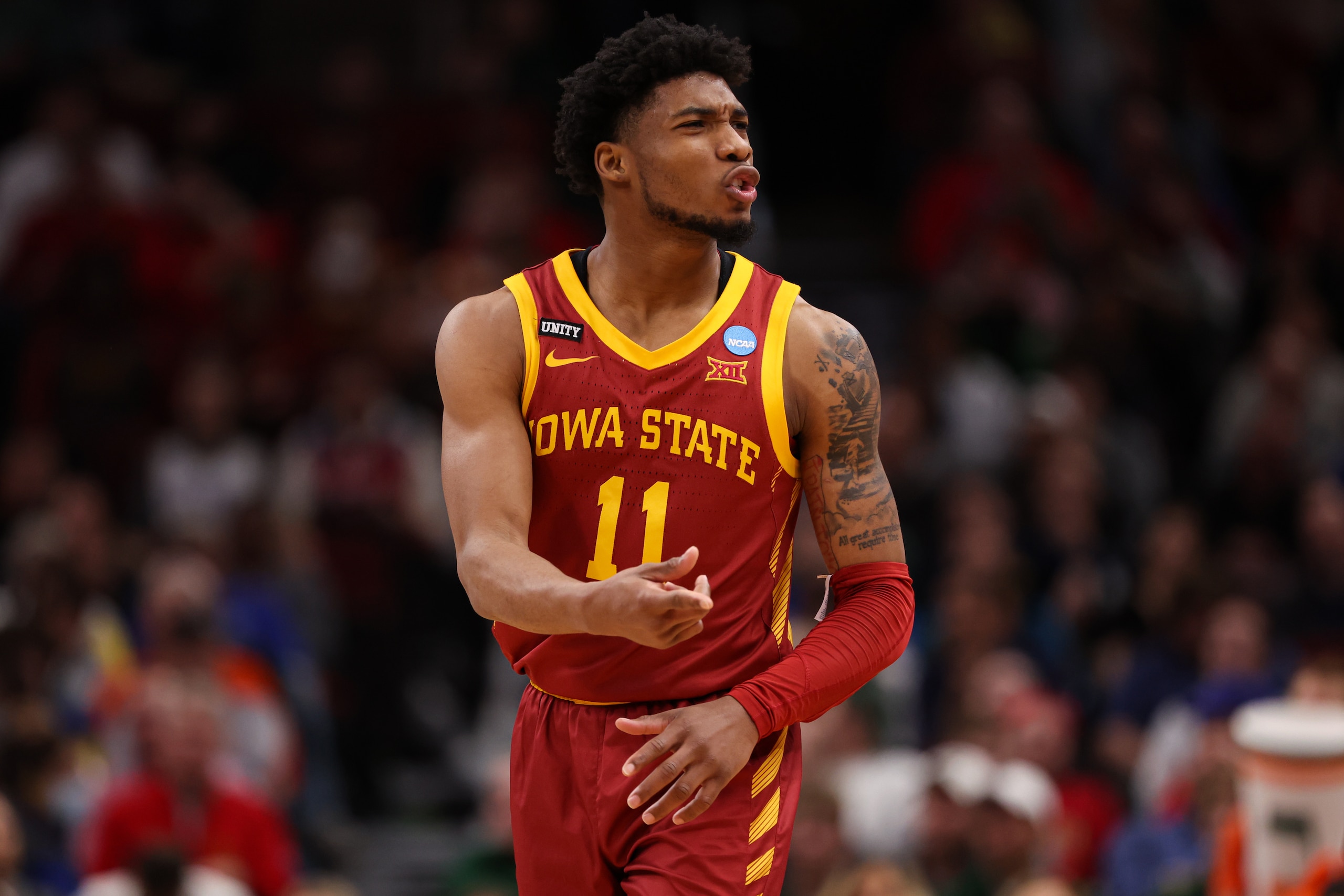CHICAGO, IL - MARCH 25: Tyrese Hunter #11 of the Iowa State Cyclones reacts against the Miami (Fl) Hurricanes take on the Miami (FL) Cyclones during the Sweet 16 round of the 2022 NCAA Mens Basketball Tournament held at United Center on March 25, 2022 in Chicago, Illinois. (Photo by Isaiah Vazquez/NCAA Photos via Getty Images)