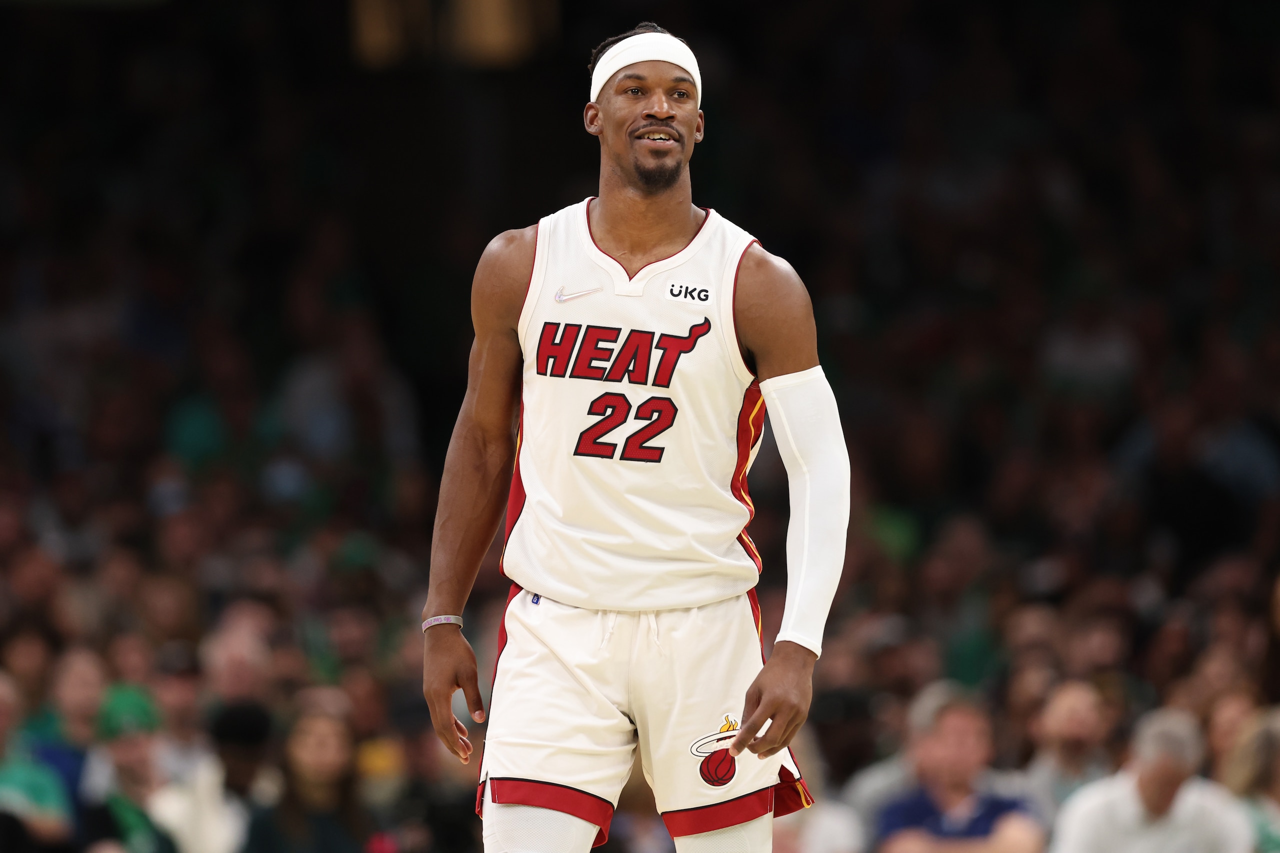 BOSTON, MASSACHUSETTS - MAY 27: Jimmy Butler #22 of the Miami Heat reacts against the Boston Celtics during the second quarter in Game Six of the 2022 NBA Playoffs Eastern Conference Finals at TD Garden on May 27, 2022 in Boston, Massachusetts. NOTE TO USER: User expressly acknowledges and agrees that, by downloading and/or using this photograph, User is consenting to the terms and conditions of the Getty Images License Agreement. (Photo by Maddie Meyer/Getty Images)