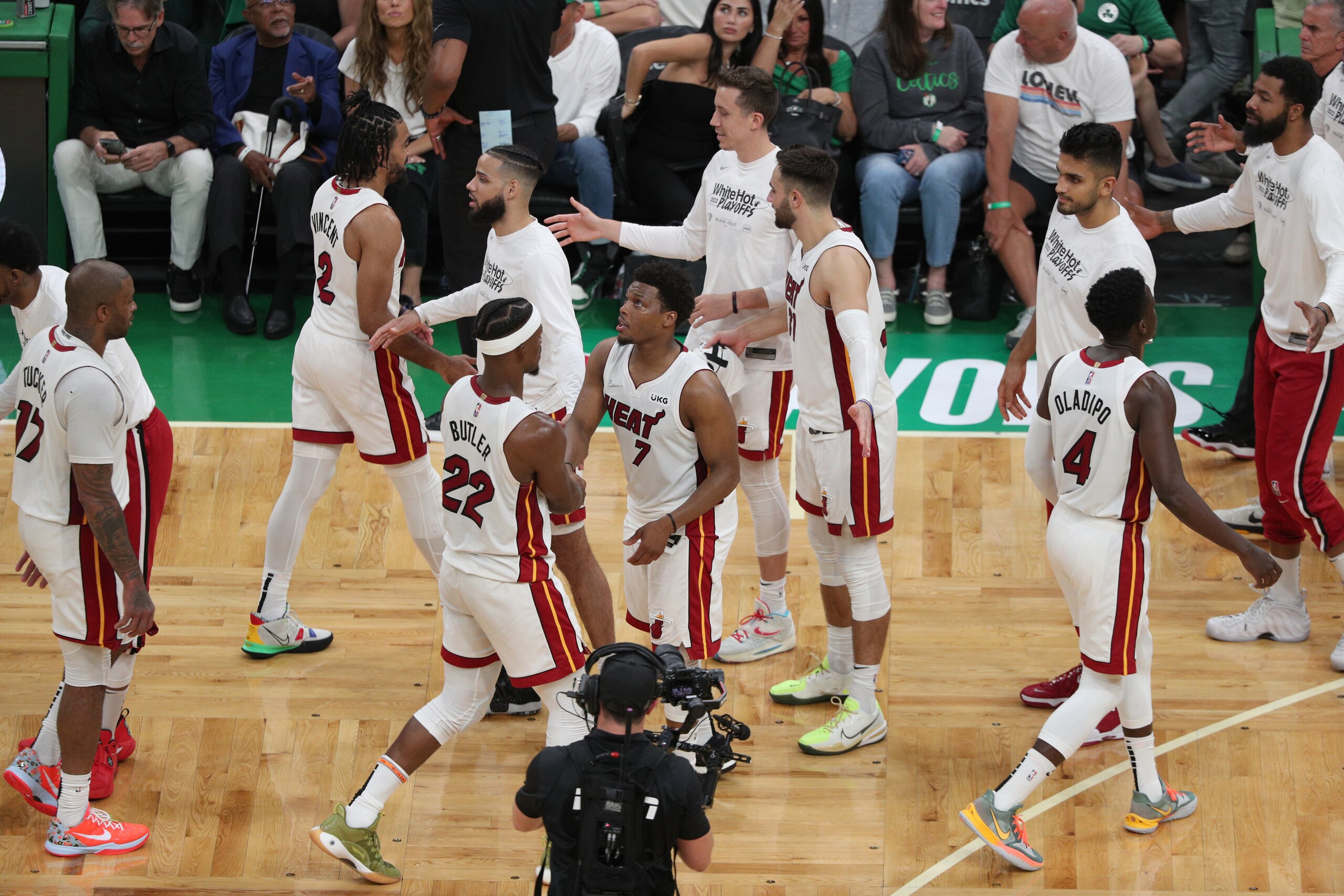 BOSTON, MA - MAY 27: The Miami Heat celebrate after Game 6 of the 2022 NBA Playoffs Eastern Conference Finals on May 27, 2022 at the TD Garden in Boston, Massachusetts.  NOTE TO USER: User expressly acknowledges and agrees that, by downloading and or using this photograph, User is consenting to the terms and conditions of the Getty Images License Agreement. Mandatory Copyright Notice: Copyright 2022 NBAE  (Photo by Chris Marion/NBAE via Getty Images)