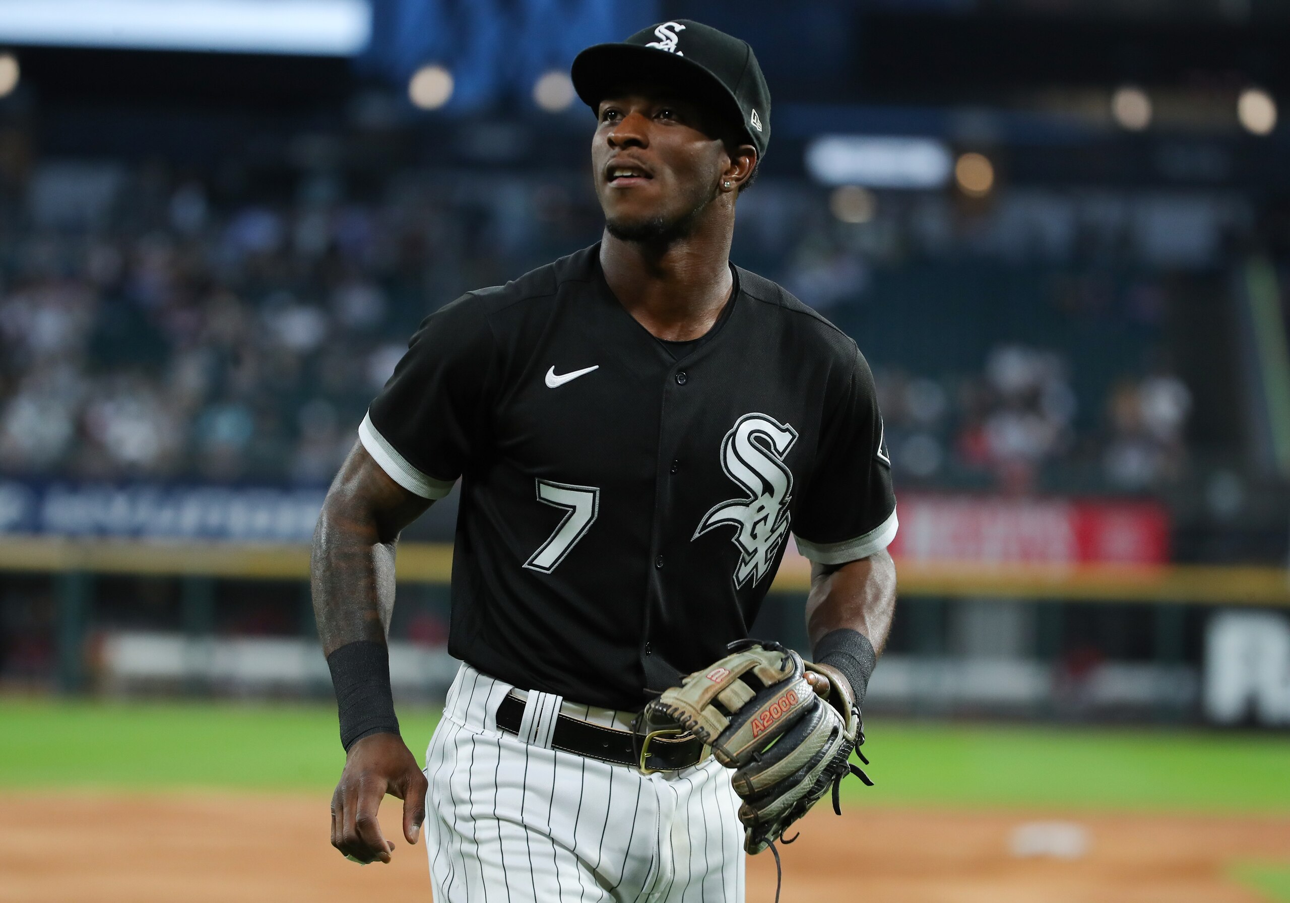 CHICAGO, IL - MAY 25: Chicago White Sox shortstop Tim Anderson (7) looks on after throwing a ball into the crowd 
during a Major League Baseball game between  the Boston Red Sox and the Chicago White Sox on May 25, 2022 at Guaranteed Rate Field in Chicago, IL. (Photo by Melissa Tamez/Icon Sportswire via Getty Images)