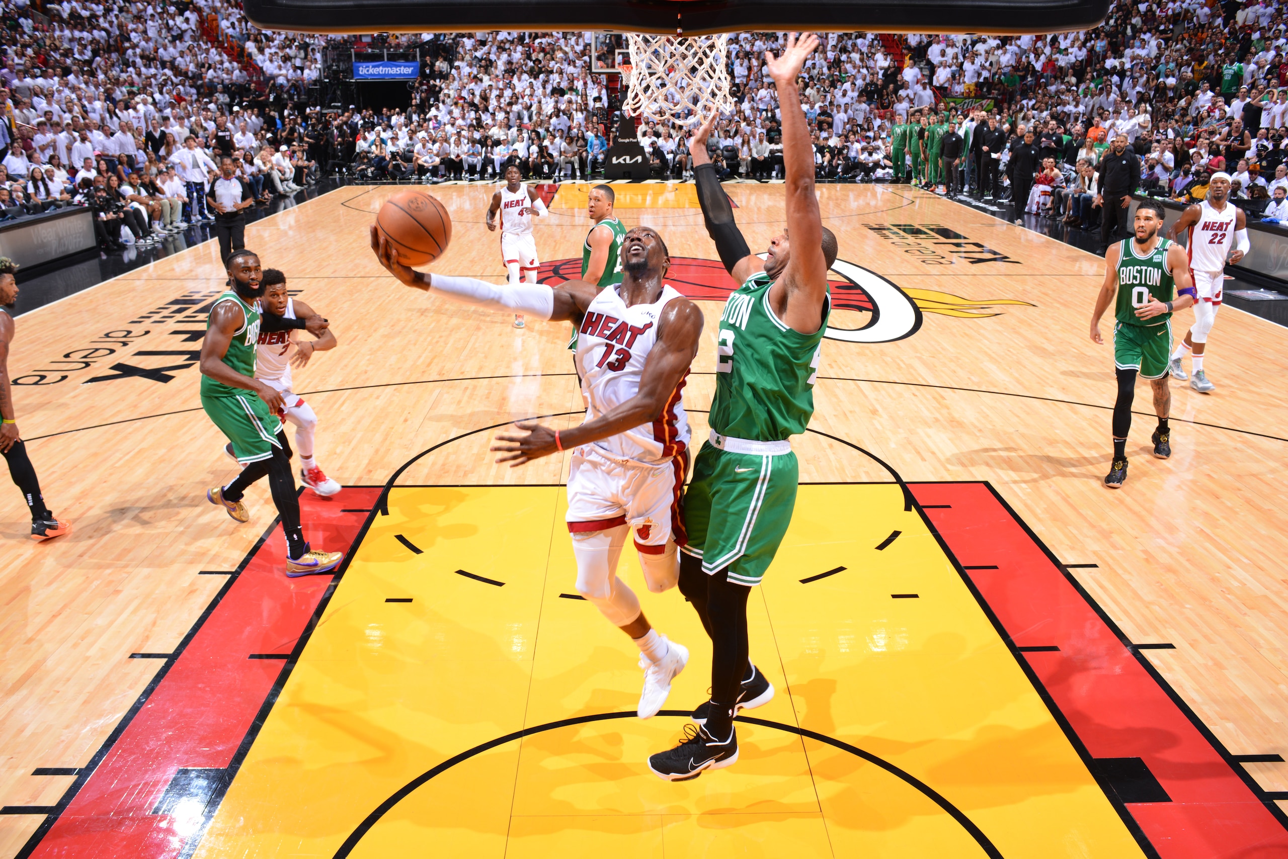 MIAMI, FL - MAY 29: Bam Adebayo #13 of the Miami Heat shoots the ball against the Boston Celtics during Game 7 of the 2022 NBA Playoffs Eastern Conference Finals on May 29, 2022 at FTX Arena in Miami, Florida. NOTE TO USER: User expressly acknowledges and agrees that, by downloading and or using this Photograph, user is consenting to the terms and conditions of the Getty Images License Agreement. Mandatory Copyright Notice: Copyright 2022 NBAE (Photo by Jesse D. Garrabrant/NBAE via Getty Images)