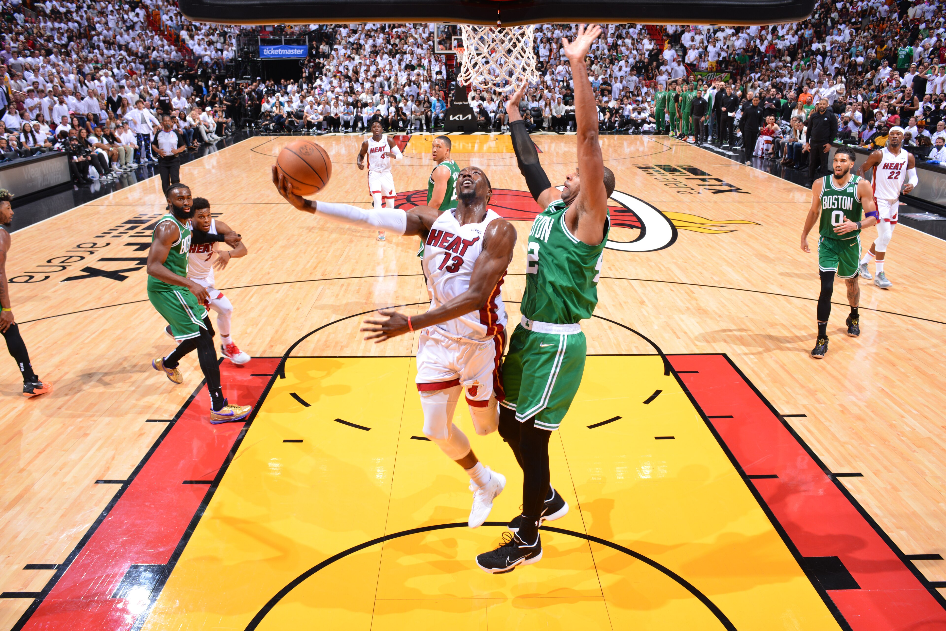 MIAMI, FL - MAY 29: Bam Adebayo #13 of the Miami Heat shoots the ball against the Boston Celtics during Game 7 of the 2022 NBA Playoffs Eastern Conference Finals on May 29, 2022 at FTX Arena in Miami, Florida. NOTE TO USER: User expressly acknowledges and agrees that, by downloading and or using this Photograph, user is consenting to the terms and conditions of the Getty Images License Agreement. Mandatory Copyright Notice: Copyright 2022 NBAE (Photo by Jesse D. Garrabrant/NBAE via Getty Images)
