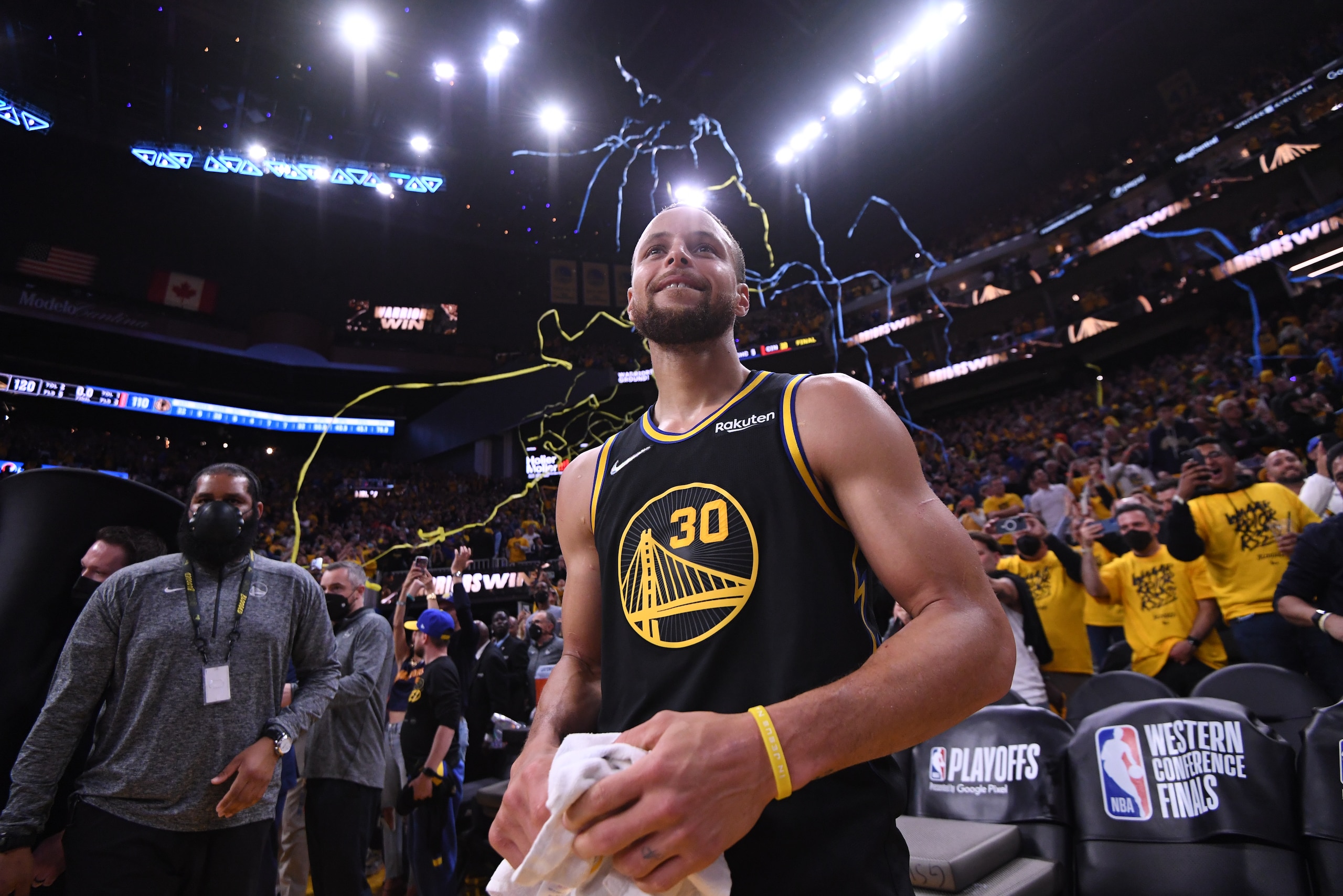 SAN FRANCISCO, CA - MAY 26: Stephen Curry #30 of the Golden State Warriors celebrates after Game 5 of the 2022 NBA Playoffs Western Conference Finals on March 26, 2022 at Chase Center in San Francisco, California. NOTE TO USER: User expressly acknowledges and agrees that, by downloading and or using this photograph, user is consenting to the terms and conditions of Getty Images License Agreement. Mandatory Copyright Notice: Copyright 2022 NBAE (Photo by Noah Graham/NBAE via Getty Images)