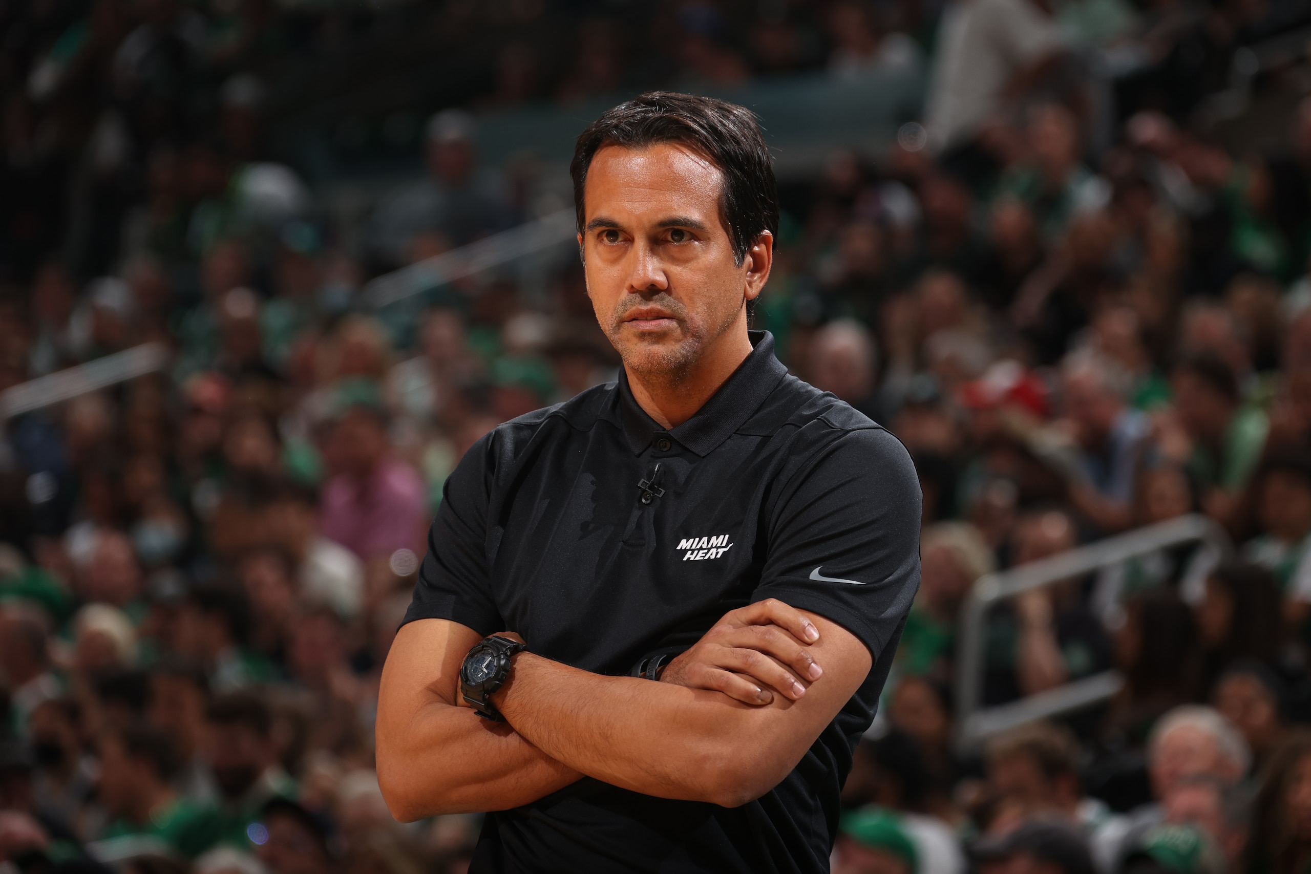 BOSTON, MA - MAY 27: Head Coach Erik Spoelstra of the Miami Heat looks on during Game 6 of the 2022 NBA Playoffs Eastern Conference Finals on May 27, 2022 at the TD Garden in Boston, Massachusetts.  NOTE TO USER: User expressly acknowledges and agrees that, by downloading and or using this photograph, User is consenting to the terms and conditions of the Getty Images License Agreement. Mandatory Copyright Notice: Copyright 2022 NBAE  (Photo by Nathaniel S. Butler/NBAE via Getty Images)