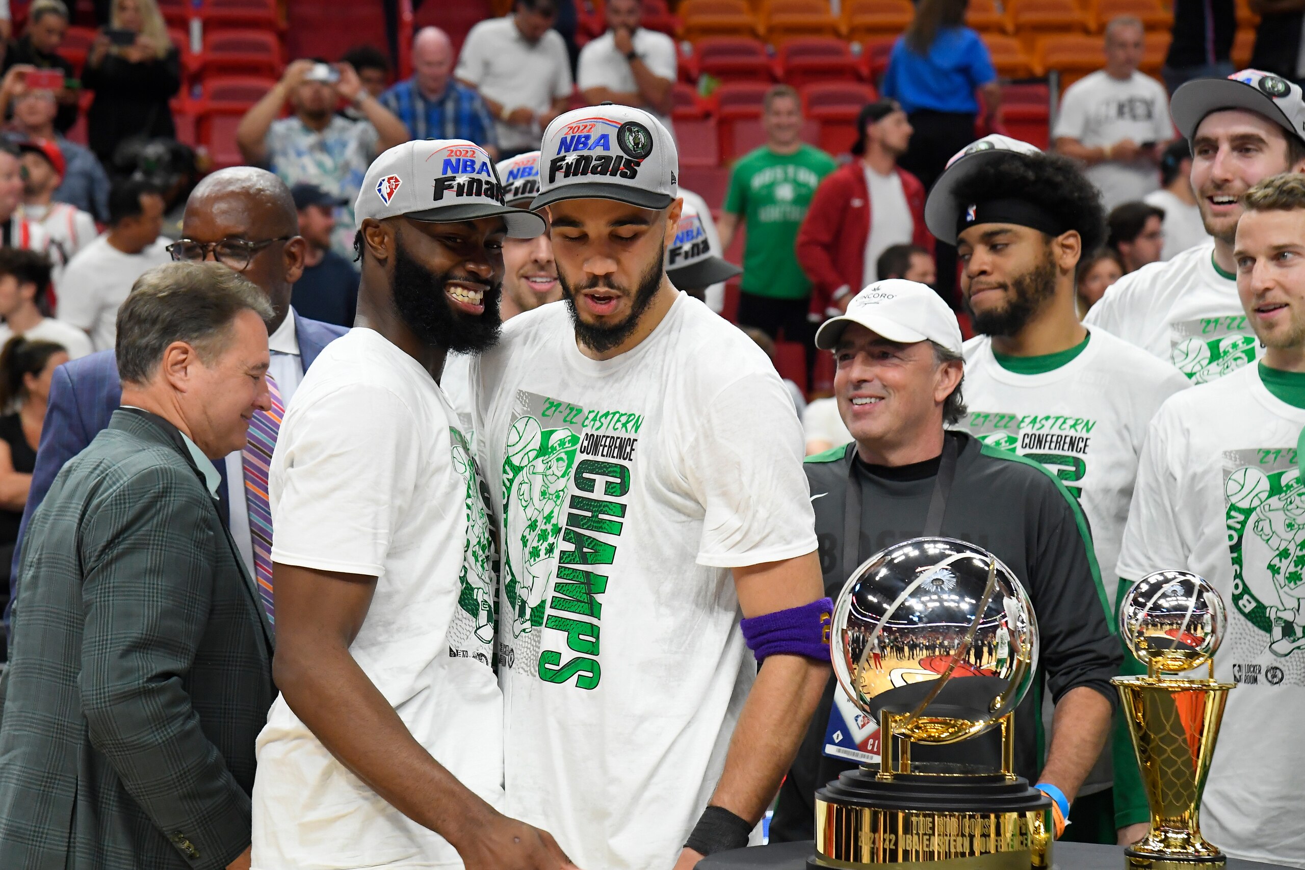 MIAMI, FL - MAY 29: Jaylen Brown #7 of the Boston Celtics embraces Jayson Tatum #0 after Game 7 of the 2022 NBA Playoffs Eastern Conference Finals on May 29, 2022 at the FTX Arena in Miami, Florida.  NOTE TO USER: User expressly acknowledges and agrees that, by downloading and or using this photograph, User is consenting to the terms and conditions of the Getty Images License Agreement. Mandatory Copyright Notice: Copyright 2022 NBAE  (Photo by Brian Babineau/NBAE via Getty Images)