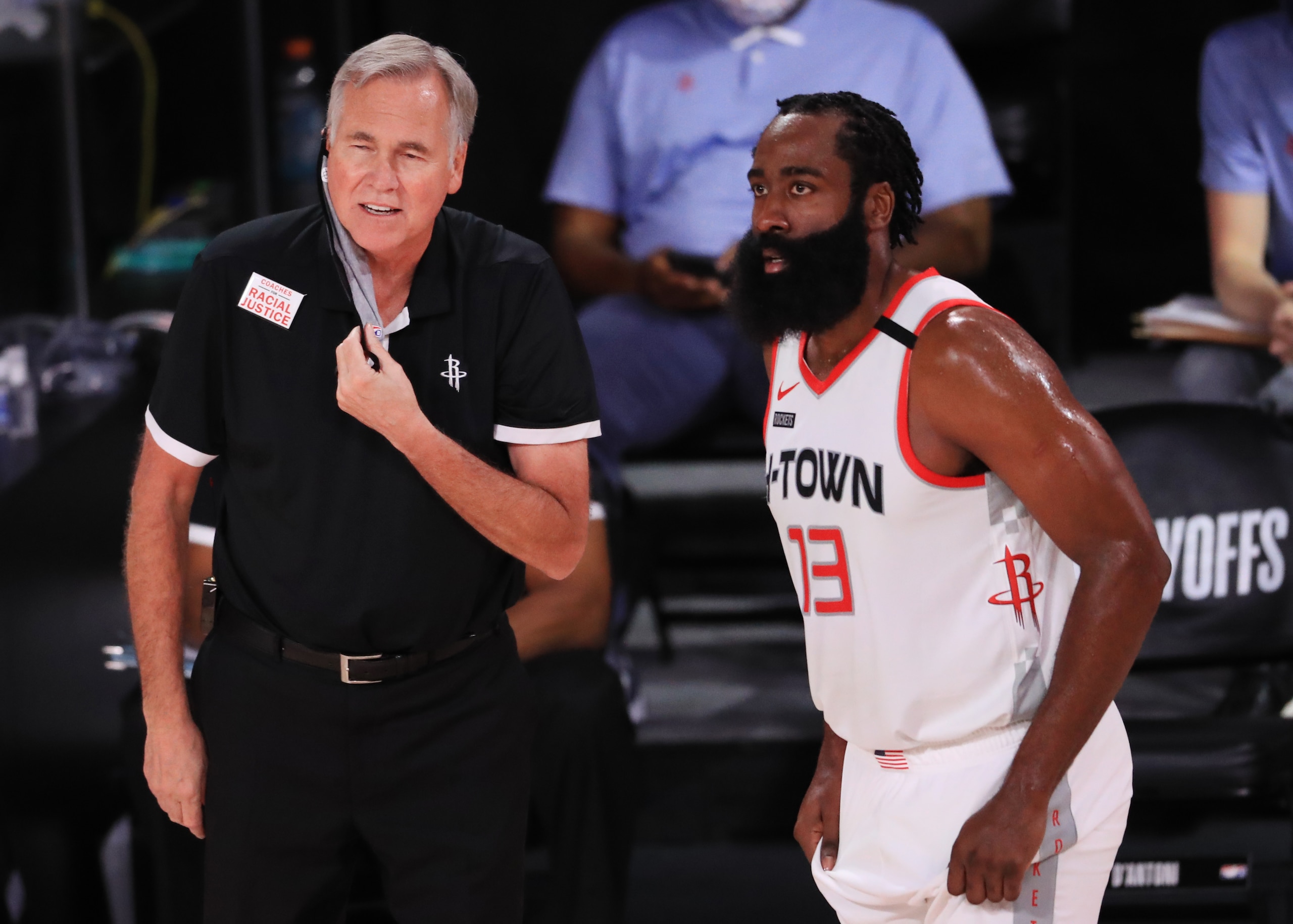LAKE BUENA VISTA, FLORIDA - SEPTEMBER 04: Mike D'Antoni of the Houston Rockets reacts to James Harden #13 of the Houston Rockets during the second quarter in Game One of the Western Conference Second Round during the 2020 NBA Playoffs at AdventHealth Arena at the ESPN Wide World Of Sports Complex on September 04, 2020 in Lake Buena Vista, Florida. NOTE TO USER: User expressly acknowledges and agrees that, by downloading and or using this photograph, User is consenting to the terms and conditions of the Getty Images License Agreement. (Photo by Mike Ehrmann/Getty Images) LAKE BUENA VISTA, FLORIDA - SEPTEMBER 04: Mike D'Antoni of the Houston Rockets reacts to James Harden #13 of the Houston Rockets during the second quarter in Game One of the Western Conference Second Round during the 2020 NBA Playoffs at AdventHealth Arena at the ESPN Wide World Of Sports Complex on September 04, 2020 in Lake Buena Vista, Florida. NOTE TO USER: User expressly acknowledges and agrees that, by downloading and or using this photograph, User is consenting to the terms and conditions of the Getty Images License Agreement. (Photo by Mike Ehrmann/Getty Images)