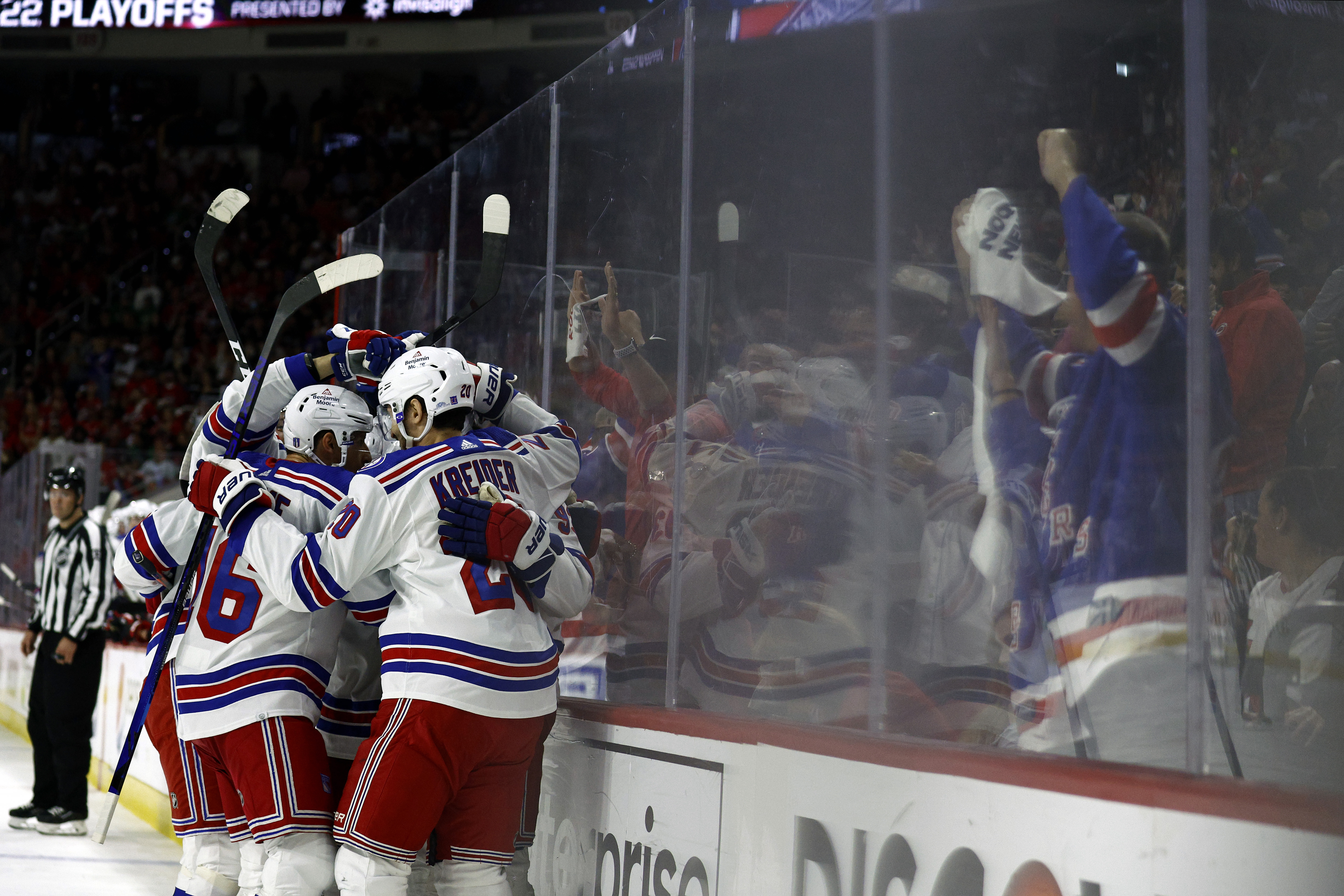 New York Rangers' Tyler Motte looks on after scoring an empty-net goal  against the Carolina Hurricanes during the third period of Game 3 of an NHL  hockey Stanley Cup second-round playoff series