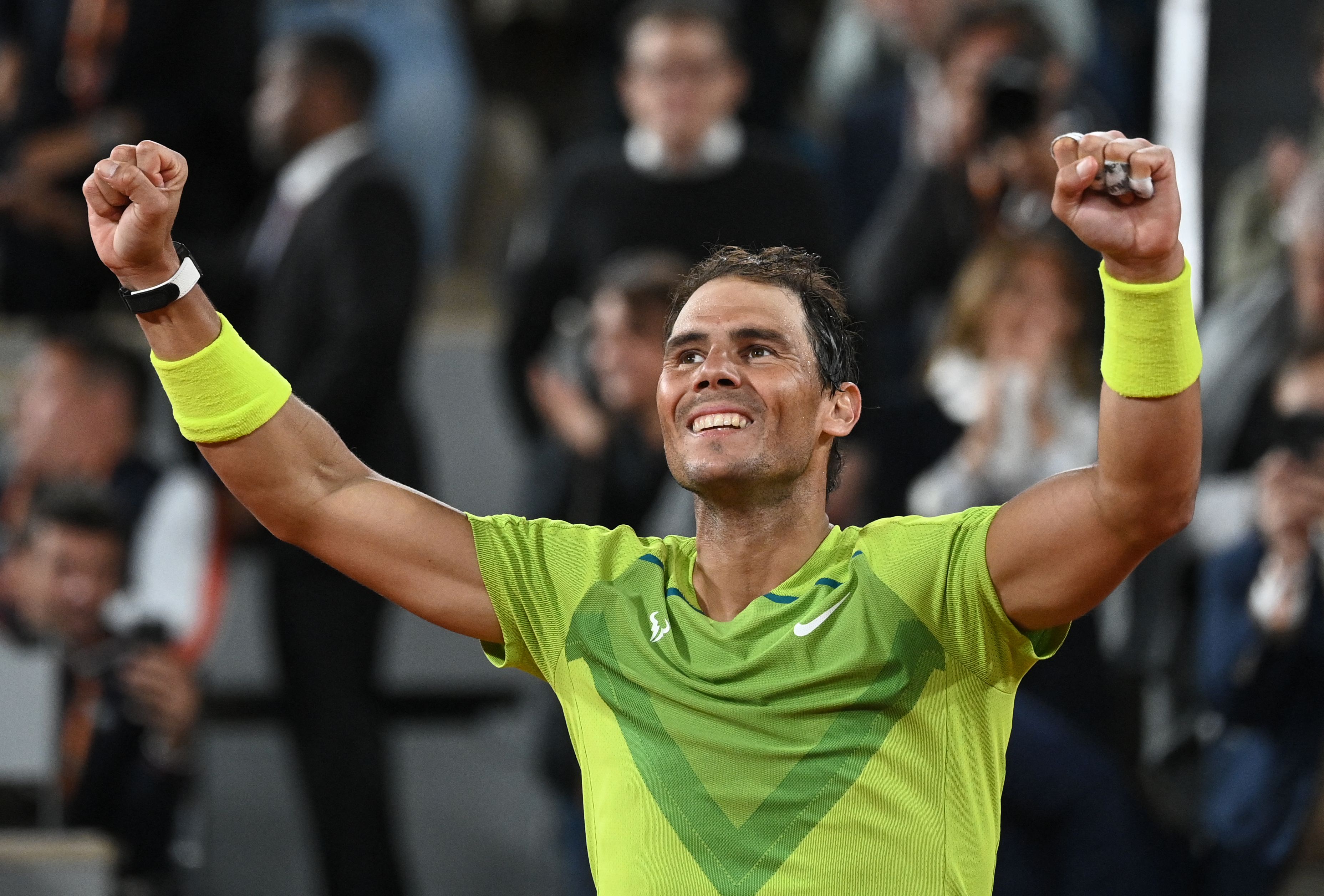 Spain's Rafael Nadal reacts after winning against Serbia's Novak Djokovic at the end of their men's singles match on day ten of the Roland-Garros Open tennis tournament at the Court Philippe-Chatrier in Paris early June 1, 2022. (Photo by Anne-Christine POUJOULAT / AFP) (Photo by ANNE-CHRISTINE POUJOULAT/AFP via Getty Images)