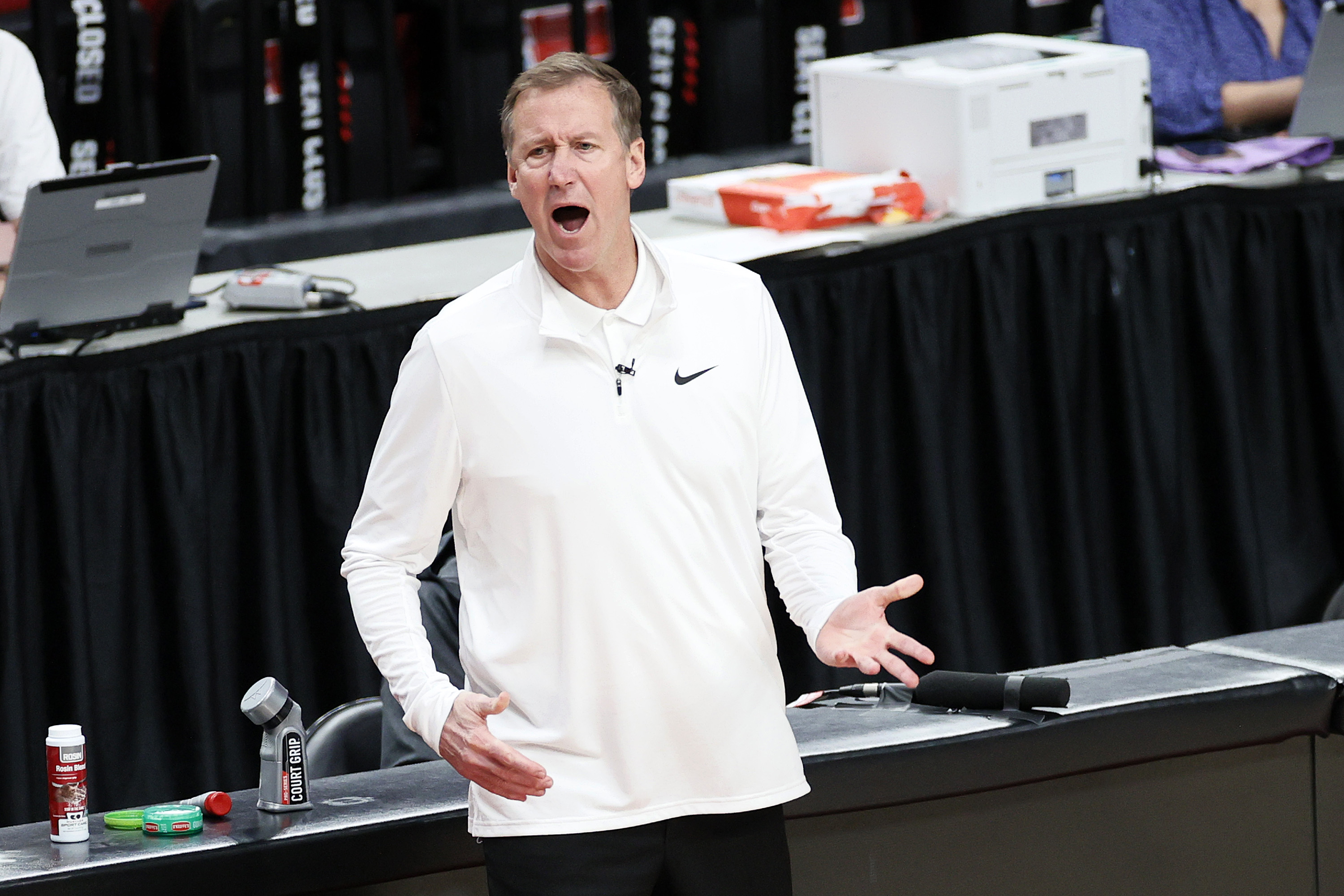 PORTLAND, OREGON - JUNE 03: Head coach Terry Stotts of the Portland Trail Blazers reacts in the second quarter against the Denver Nuggets during Round 1, Game 6 of the 2021 NBA Playoffs at Moda Center on June 03, 2021 in Portland, Oregon. NOTE TO USER: User expressly acknowledges and agrees that, by downloading and or using this photograph, User is consenting to the terms and conditions of the Getty Images License Agreement. (Photo by Steph Chambers/Getty Images)