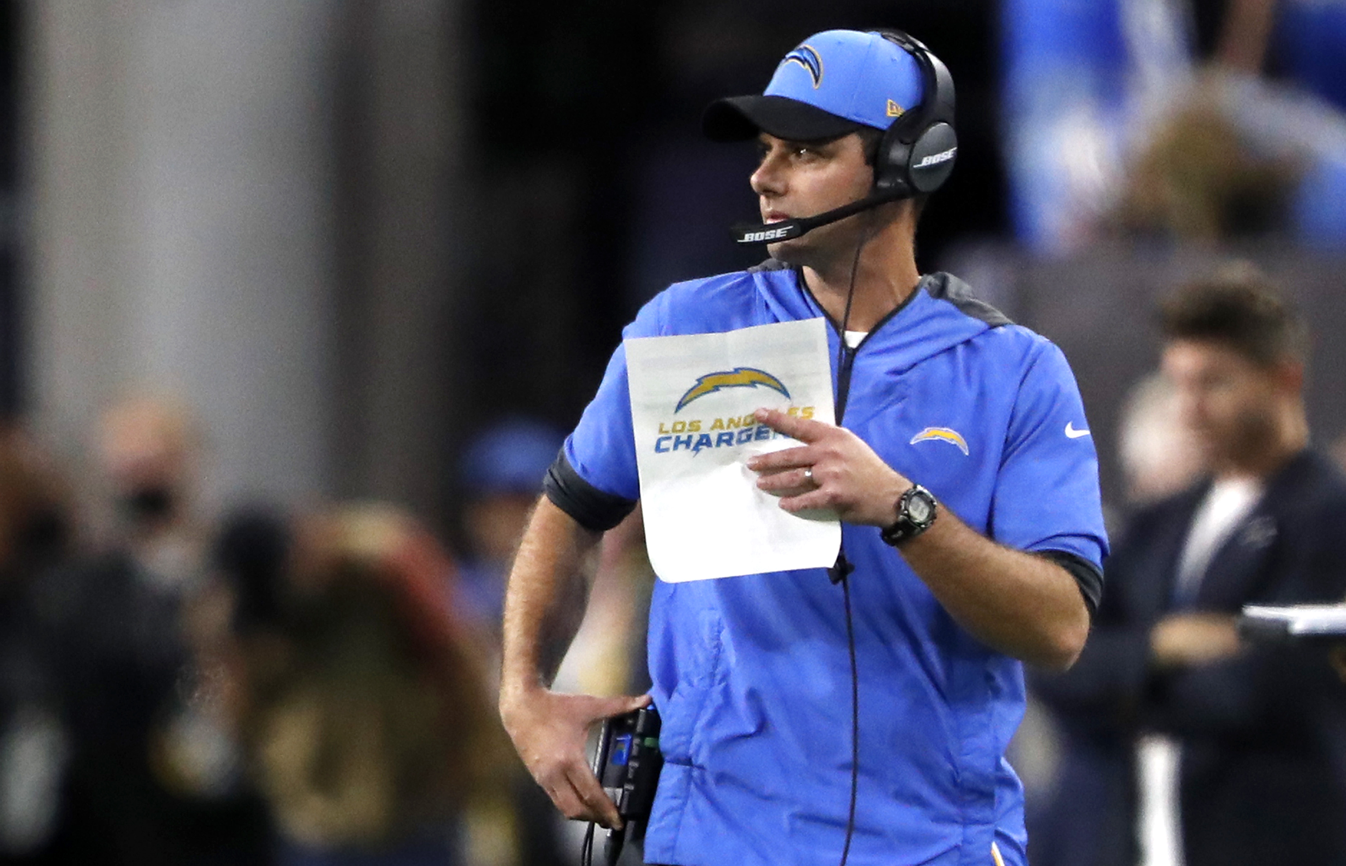 LAS VEGAS, NEVADA - JANUARY 09: Head coach Brandon Staley of the Los Angeles Chargers watches from the sideline during a game against the Las Vegas Raiders at Allegiant Stadium on January 09, 2022 in Las Vegas, Nevada. (Photo by Steve Marcus/Getty Images)
