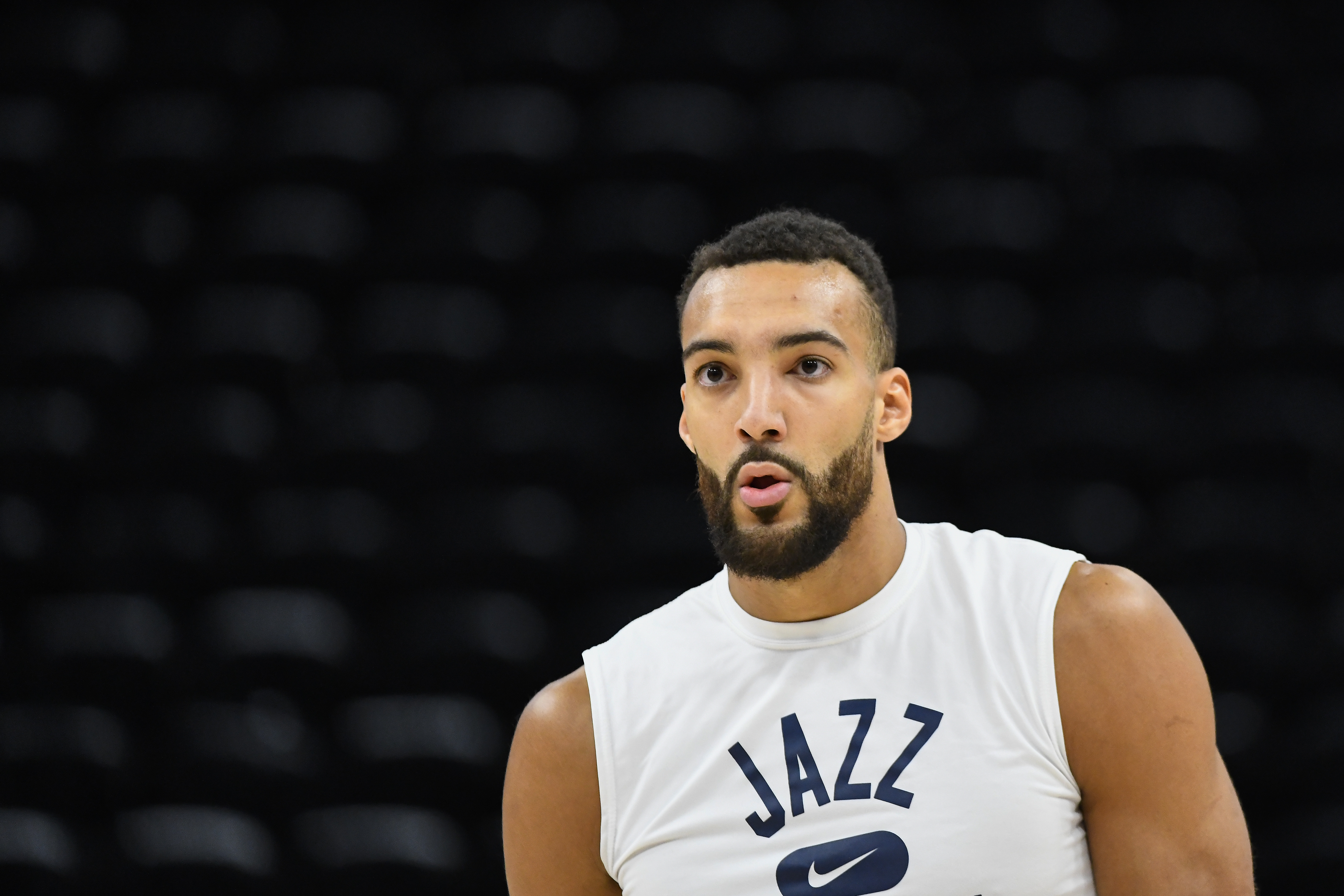 SALT LAKE CITY, UTAH - APRIL 28: Rudy Gobert #27 of the Utah Jazz warms up before Game 6 of the Western Conference First Round Playoffs against the Dallas Mavericks at Vivint Smart Home Arena on April 28, 2022 in Salt Lake City, Utah. NOTE TO USER: User expressly acknowledges and agrees that, by downloading and/or using this Photograph, user is consenting to the terms and conditions of the Getty Images License Agreement. (Photo by Alex Goodlett/Getty Images)