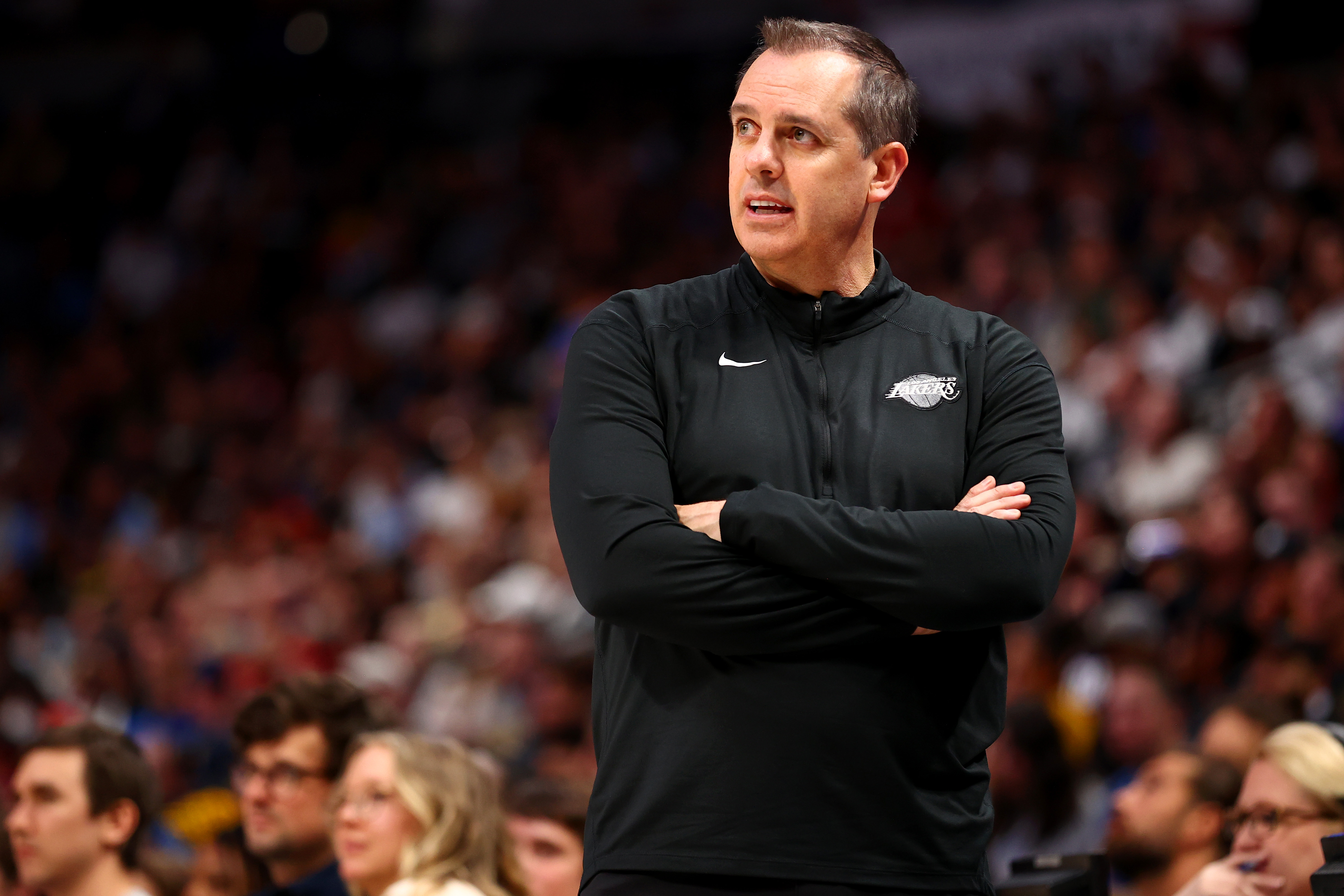 DENVER, CO - APRIL 10: Head Coach Frank Vogel of the Los Angeles Lakers coaches against the Denver Nuggets at Ball Arena on April 10, 2022 in Denver, Colorado. NOTE TO USER: User expressly acknowledges and agrees that, by downloading and/or using this Photograph, user is consenting to the terms and conditions of the Getty Images License Agreement. (Photo by Jamie Schwaberow/Getty Images)