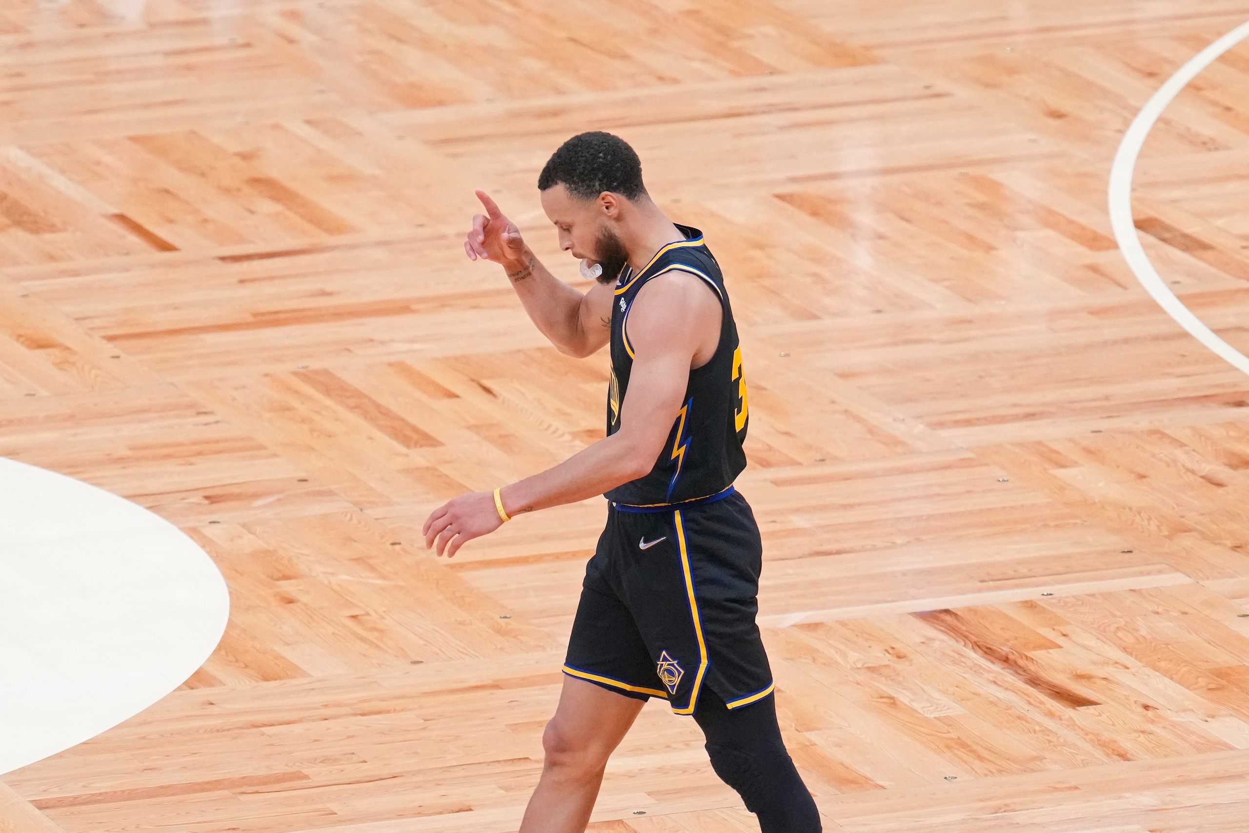 BOSTON, MA - JUNE 8: Stephen Curry #30 of the Golden State Warriors celebrates a three point basket against the Boston Celtics during Game Three of the 2022 NBA Finals on June 8, 2022 at TD Garden in Boston, Massachusetts. NOTE TO USER: User expressly acknowledges and agrees that, by downloading and or using this photograph, user is consenting to the terms and conditions of Getty Images License Agreement. Mandatory Copyright Notice: Copyright 2022 NBAE (Photo by Mark Blinch/NBAE via Getty Images)