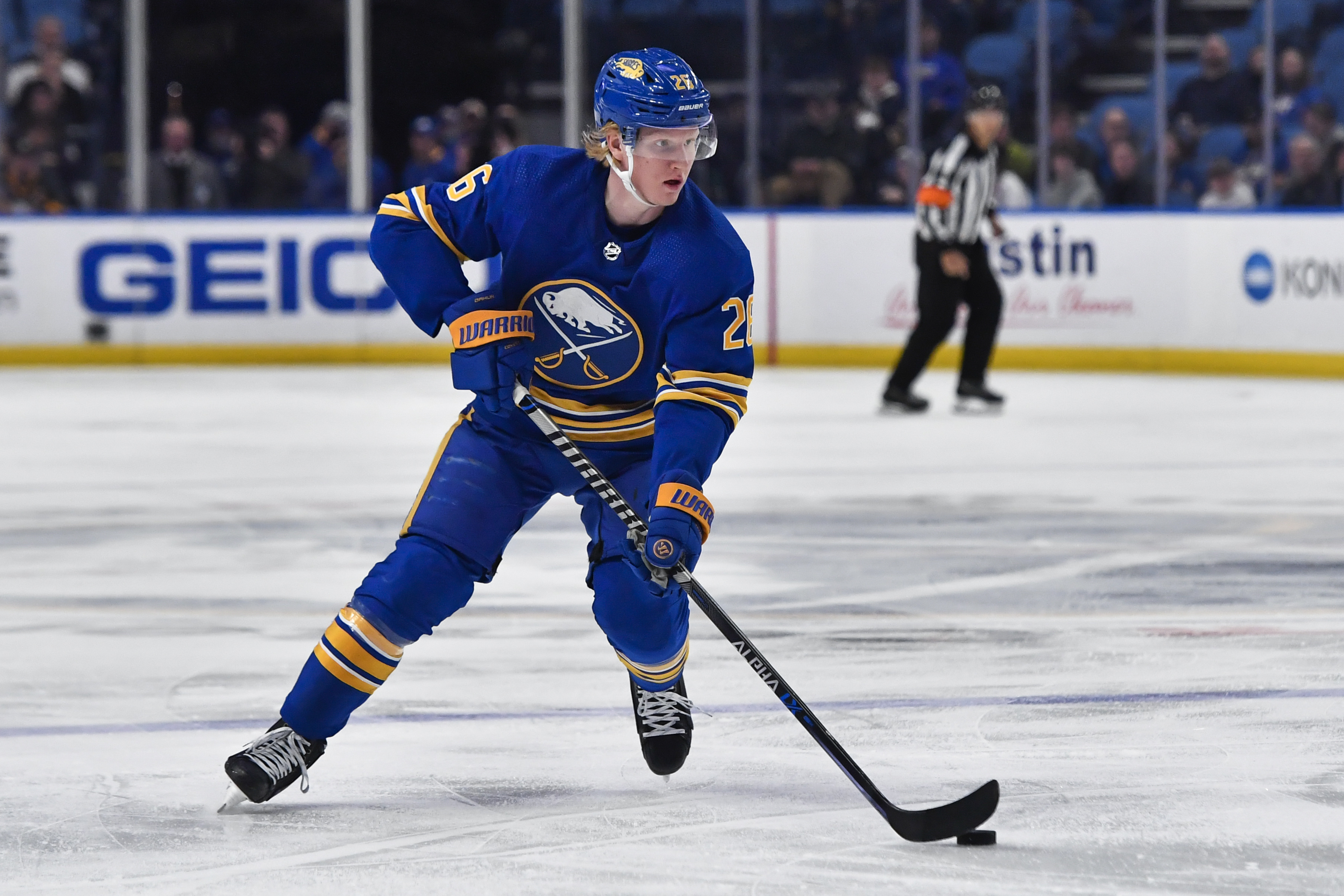 Buffalo Sabres defenseman Owen Power (25) skates during the first period of  an NHL hockey game against the New Jersey Devils in Buffalo, N.Y., Friday,  March 24, 2023. (AP Photo/Adrian Kraus Stock