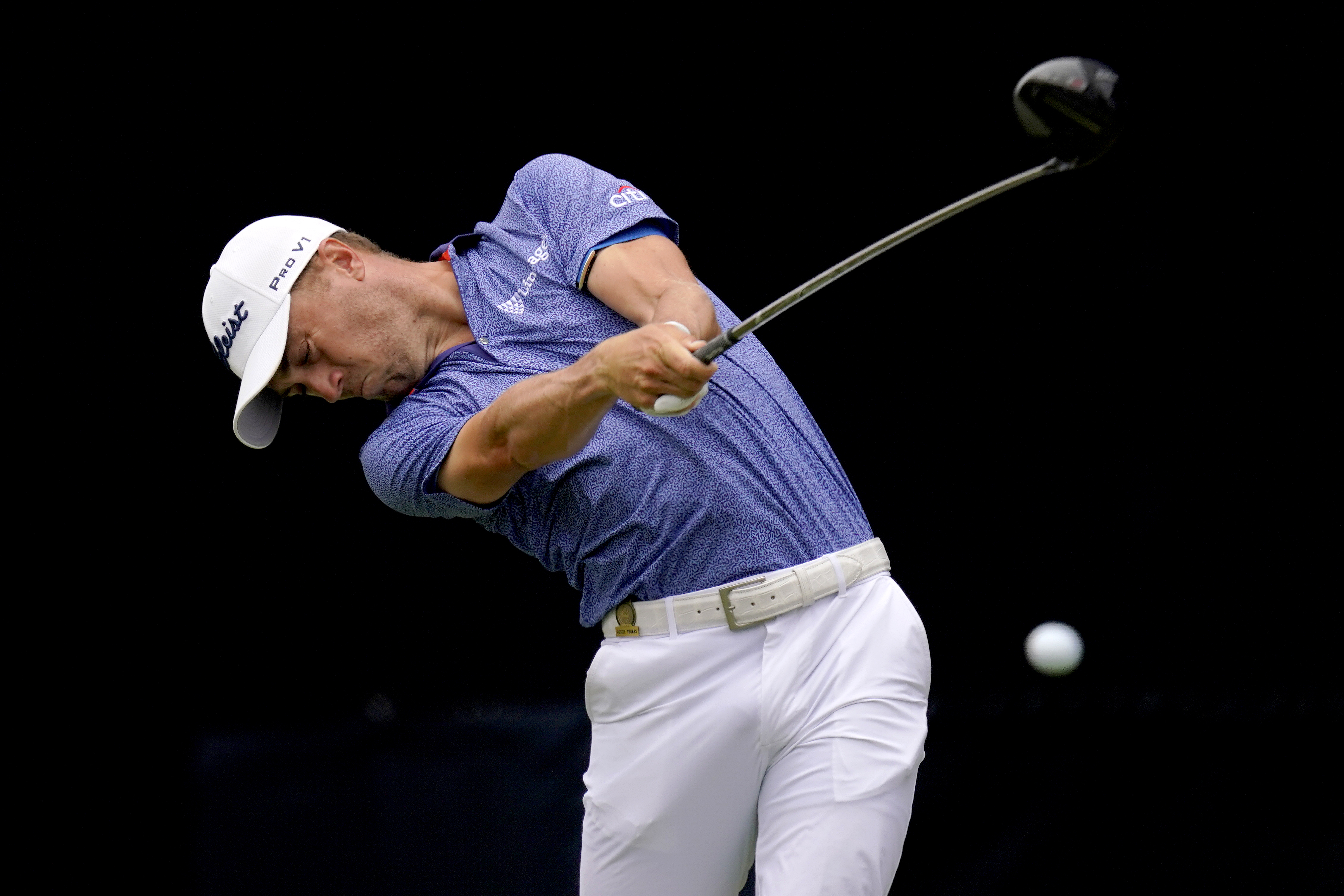 Justin Thomas plays his shot from the seventh tee during the third round of the U.S. Open Golf Championship, Saturday, June 19, 2021, at Torrey Pines Golf Course in San Diego. (AP Photo/Gregory Bull)
