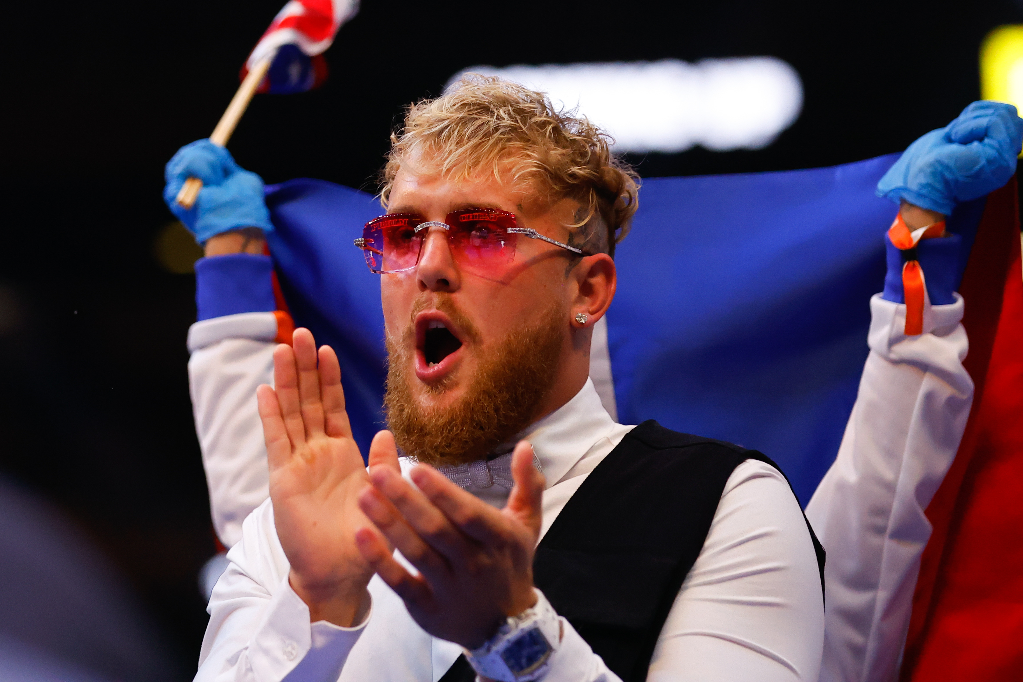 NEW YORK, NY - APRIL 30: Jake Paul in the ring prior to the Katie Taylor of Ireland(not pictured) and Amanda Serrano of Puerto Rico(not pictured) fight for the Undisputed World Lightweight Championship on April 30, 2022 at Madison Square Garden In New York, New York. (Photo by Rich Graessle/Icon Sportswire via Getty Images)