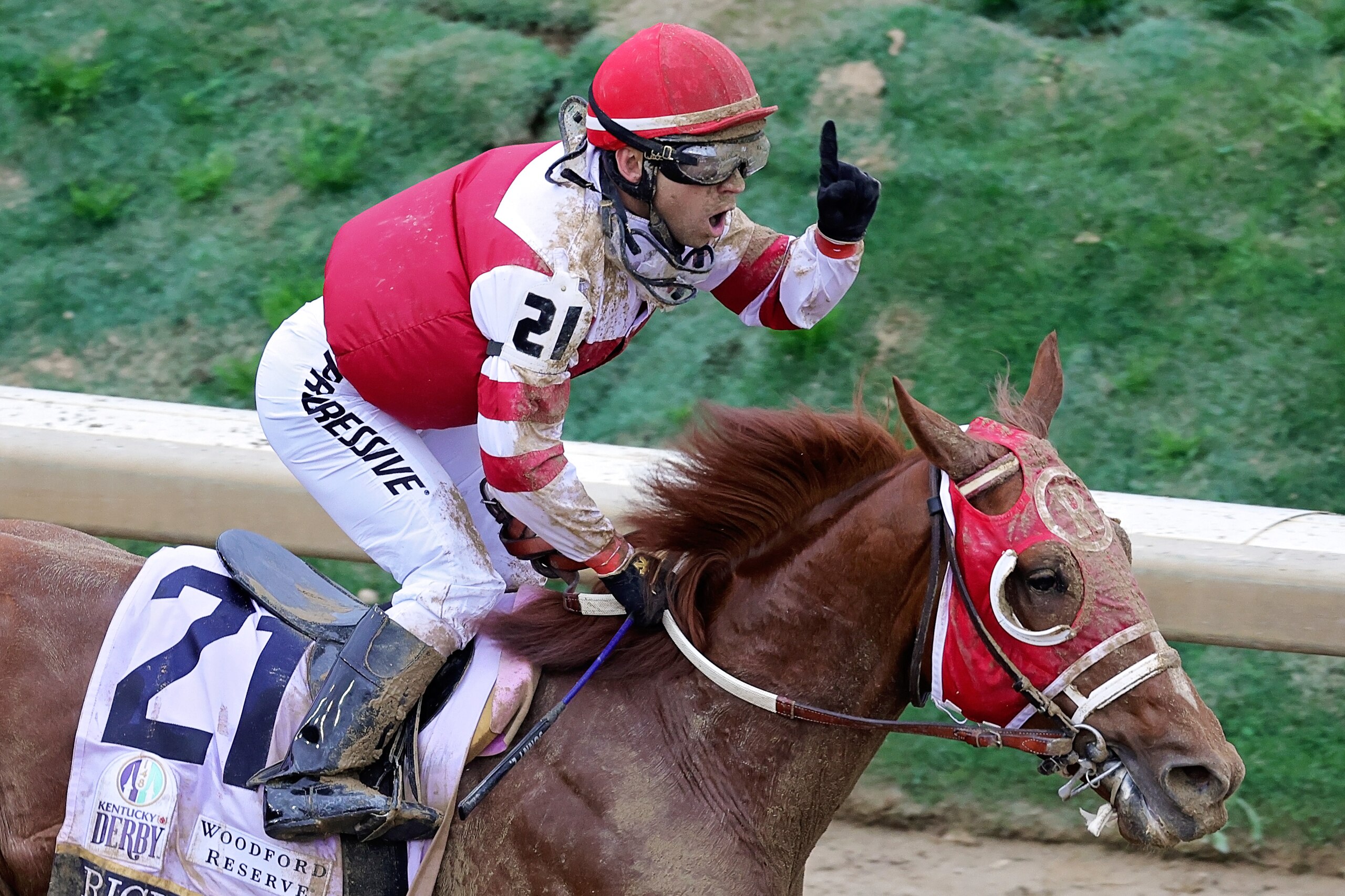 LOUISVILLE, KENTUCKY - MAY 07: Jockey Sonny Leon reacts after Rich Strike wins the 148th running of the Kentucky Derby at Churchill Downs on May 07, 2022 in Louisville, Kentucky. (Photo by Carmen Mandato/Getty Images)
