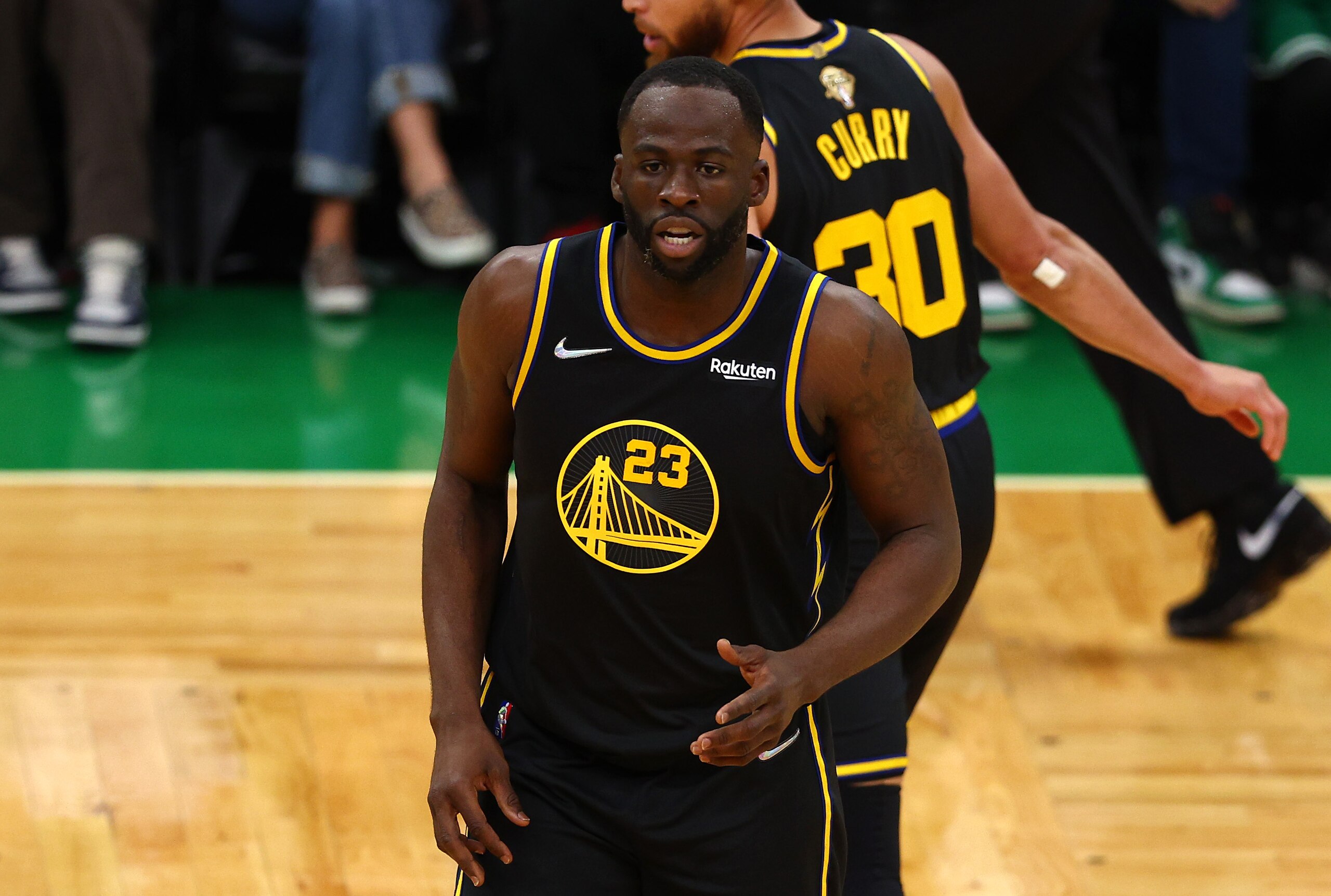 BOSTON, MASSACHUSETTS - JUNE 10: Draymond Green #23 of the Golden State Warriors looks on in the second quarter against the Boston Celtics during Game Four of the 2022 NBA Finals at TD Garden on June 10, 2022 in Boston, Massachusetts. NOTE TO USER: User expressly acknowledges and agrees that, by downloading and/or using this photograph, User is consenting to the terms and conditions of the Getty Images License Agreement. (Photo by Elsa/Getty Images)
