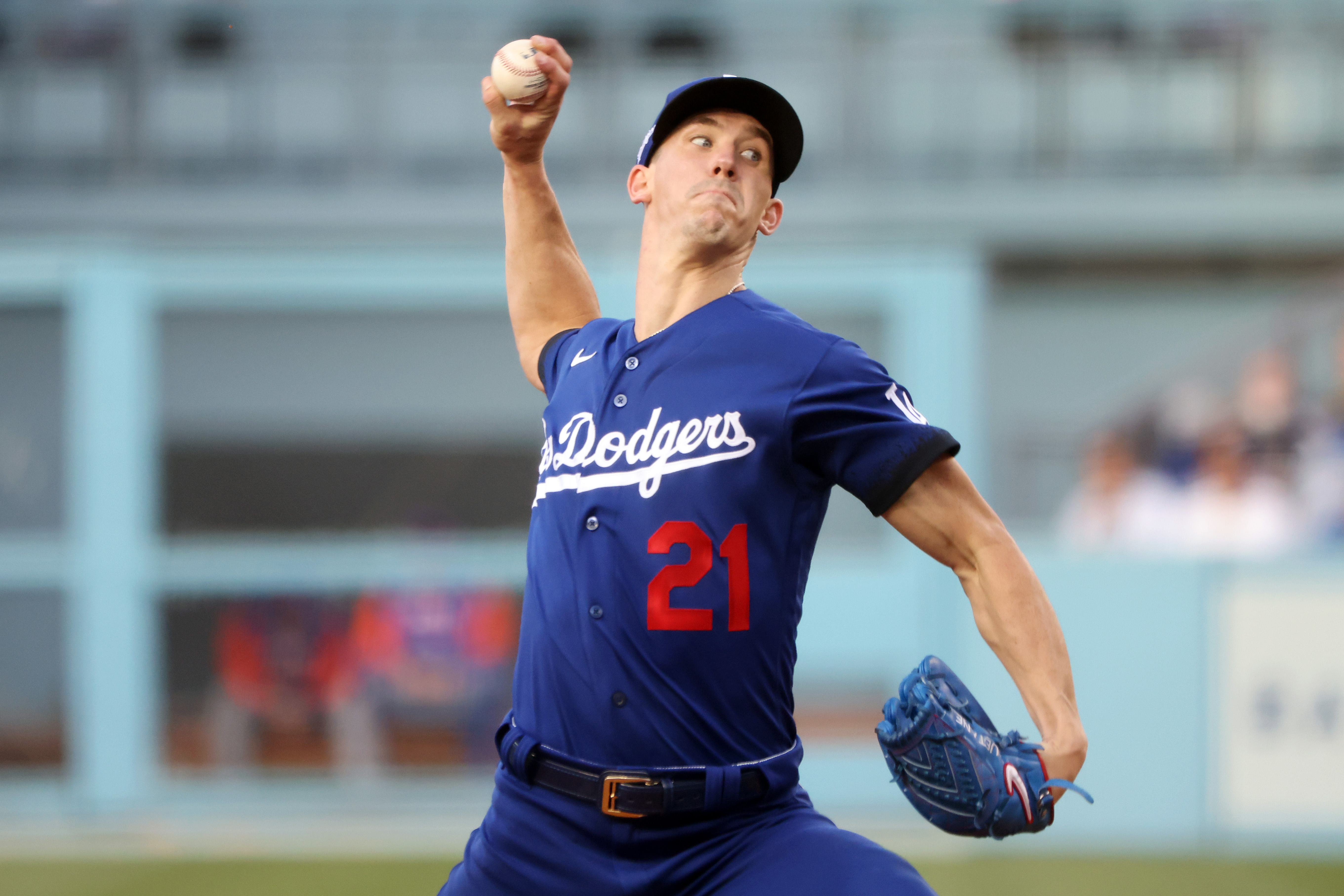 Los Angeles Dodgers players Clayton Kershaw (21), Walker Buehler