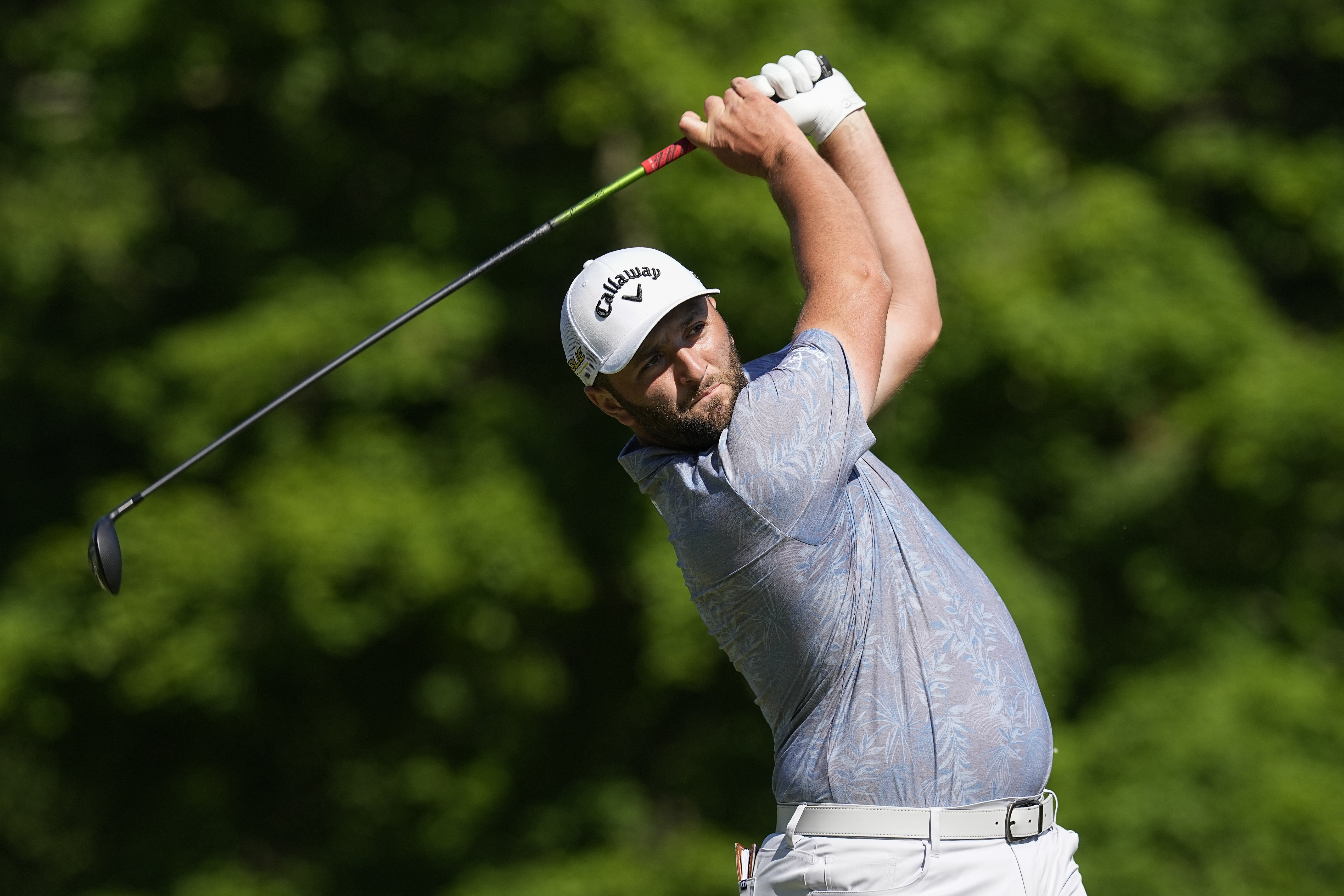 Jon Rahm, of Spain, hits from the 18th tee during the second round of the Memorial golf tournament Friday, June 3, 2022, in Dublin, Ohio. (AP Photo/Darron Cummings)