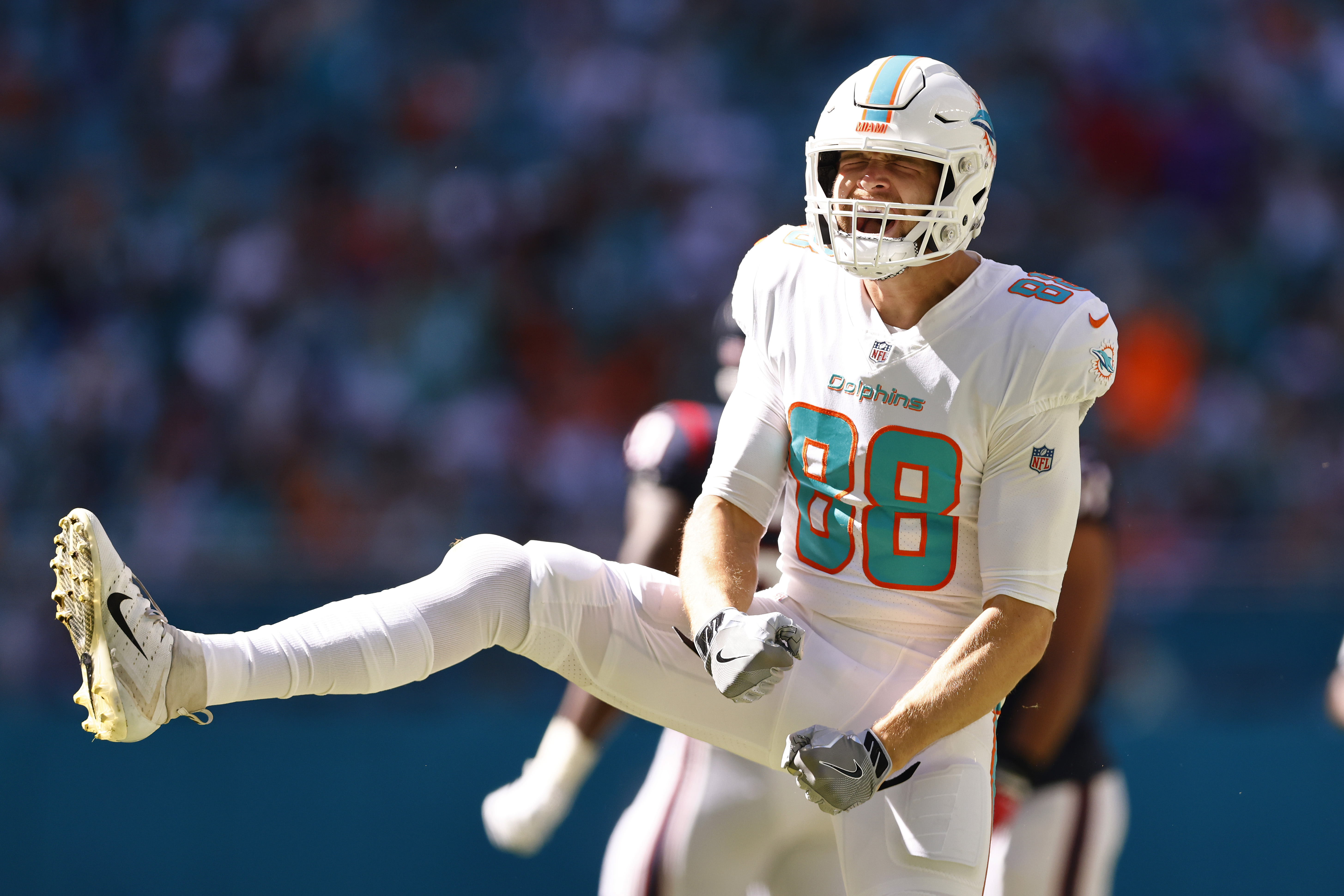 Miami Dolphins tight end Mike Gesicki (88) runs onto the field as he is  introduced to the fans before an NFL football game between the Houston  Texans and the Miami Dolphins, Sunday