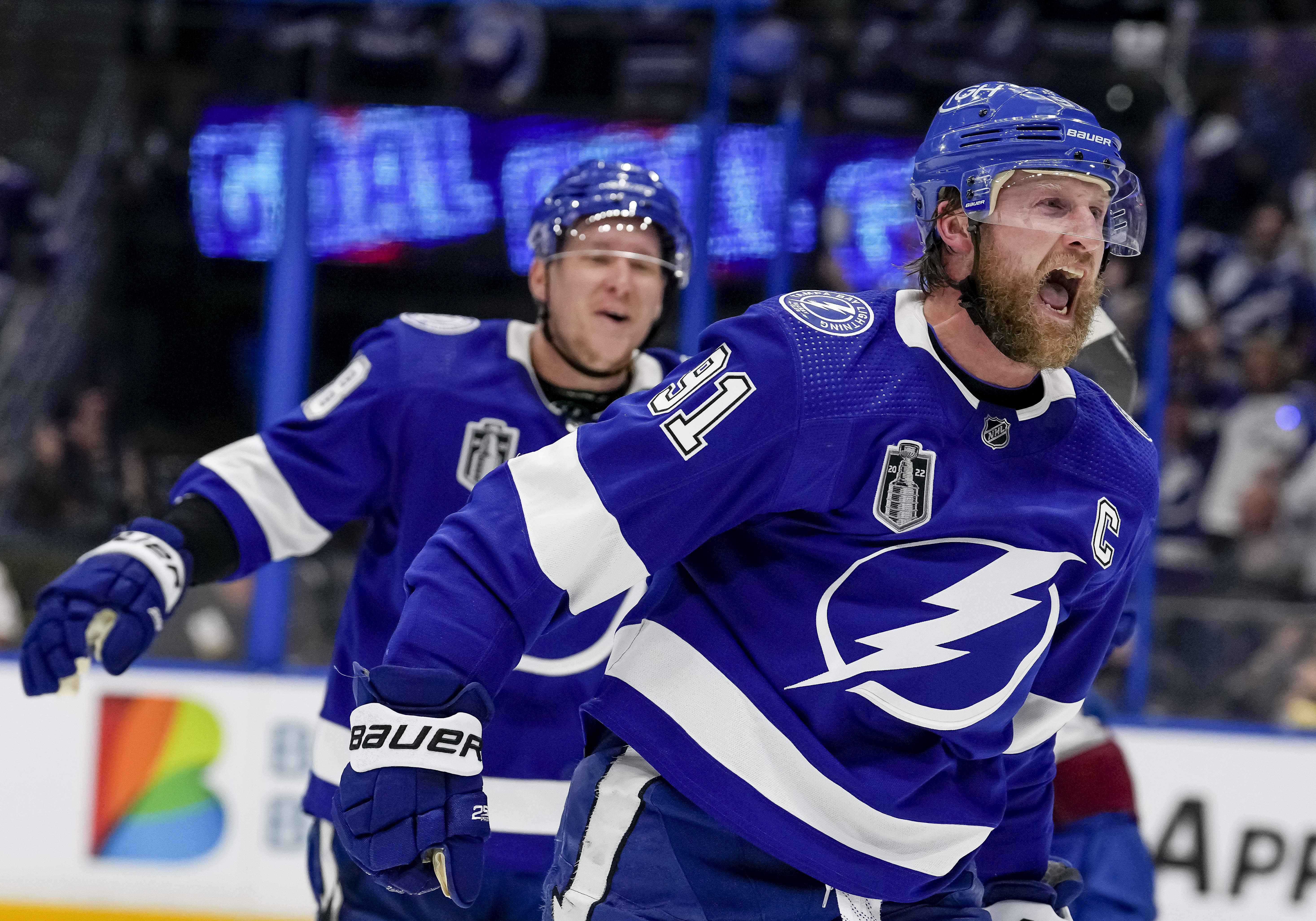 TAMPA, FL - JUNE 20: Tampa Bay Lightning center Steven Stamkos (91)Celebrates scoring a goal in the 2nd period during the NHL Hockey Stanley Cup Finals Game 3 between Tampa Bay Lightning and the Colorado Avalanche on June 20th, 2022 at Amalie Arena in Tampa Florida (Photo by Andrew Bershaw /Icon_Sportswire)