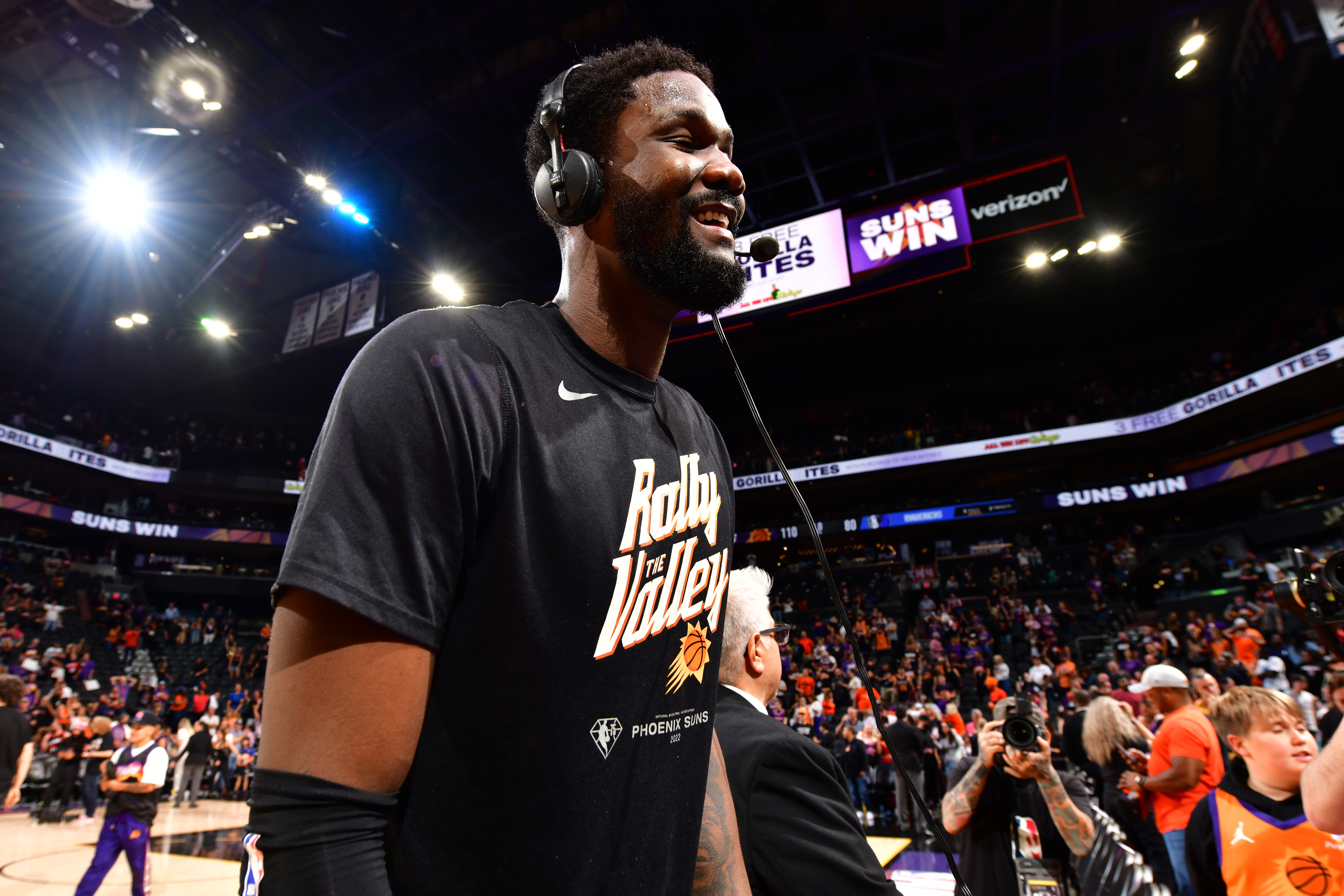 PHOENIX, AZ - MAY 10: Deandre Ayton #22 of the Phoenix Suns interviews after Game 5 of the 2022 NBA Playoffs Western Conference Semifinals on May 10, 2022 at Footprint Center in Phoenix, Arizona. NOTE TO USER: User expressly acknowledges and agrees that, by downloading and or using this photograph, user is consenting to the terms and conditions of the Getty Images License Agreement. Mandatory Copyright Notice: Copyright 2022 NBAE (Photo by Barry Gossage/NBAE via Getty Images)