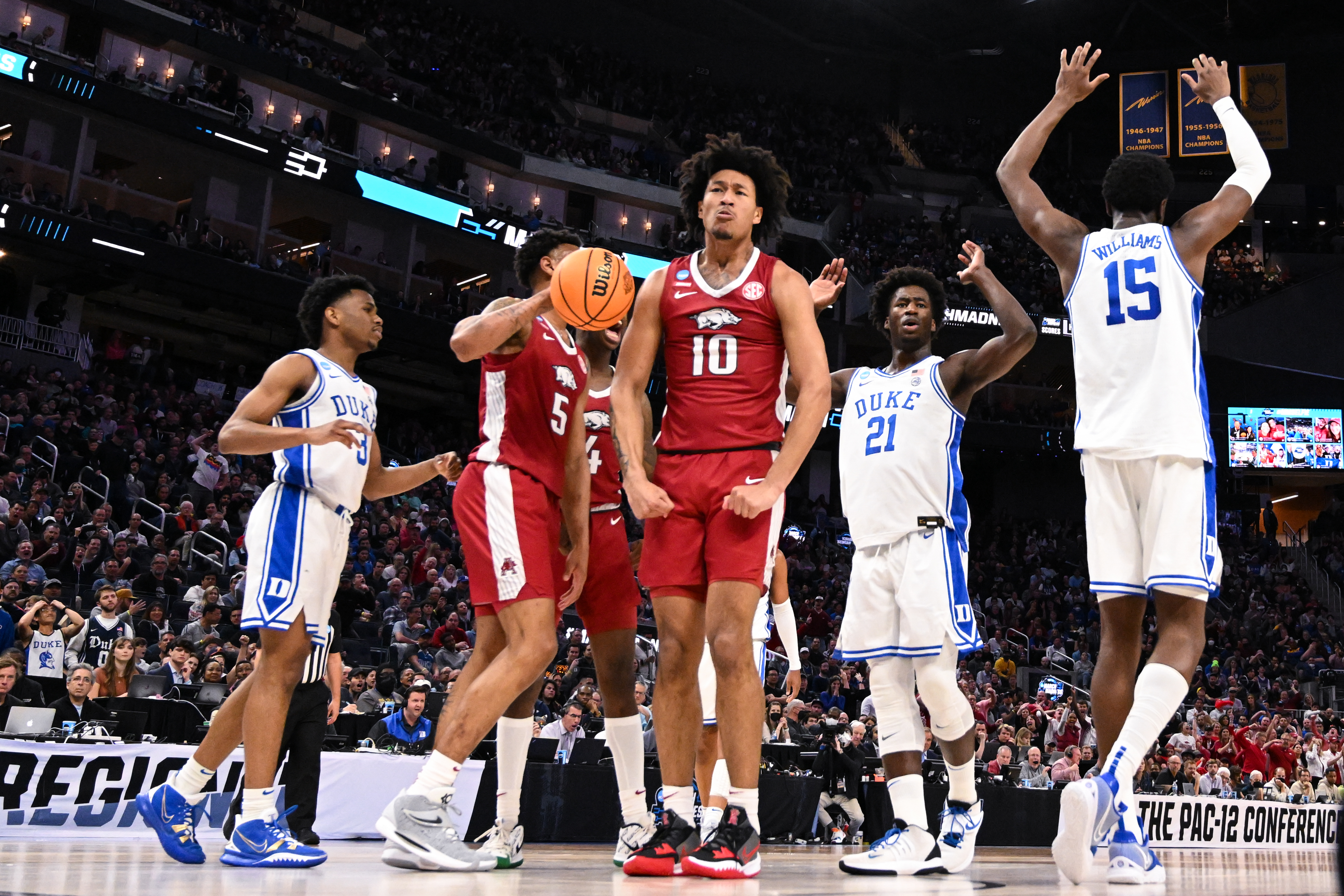 SAN FRANCISCO, CA - MARCH 26: Jaylin Williams #10 of the Arkansas Razorbacks reacts to a play against the Duke Blue Devils during the Elite Eight round of the 2022 NCAA Mens Basketball Tournament held at Chase Center on March 26, 2022 in San Francisco, California. (Photo by Brett Wilhelm/NCAA Photos via Getty Images) SAN FRANCISCO, CA - MARCH 26: Jaylin Williams #10 of the Arkansas Razorbacks reacts to a play against the Duke Blue Devils during the Elite Eight round of the 2022 NCAA Mens Basketball Tournament held at Chase Center on March 26, 2022 in San Francisco, California. (Photo by Brett Wilhelm/NCAA Photos via Getty Images)