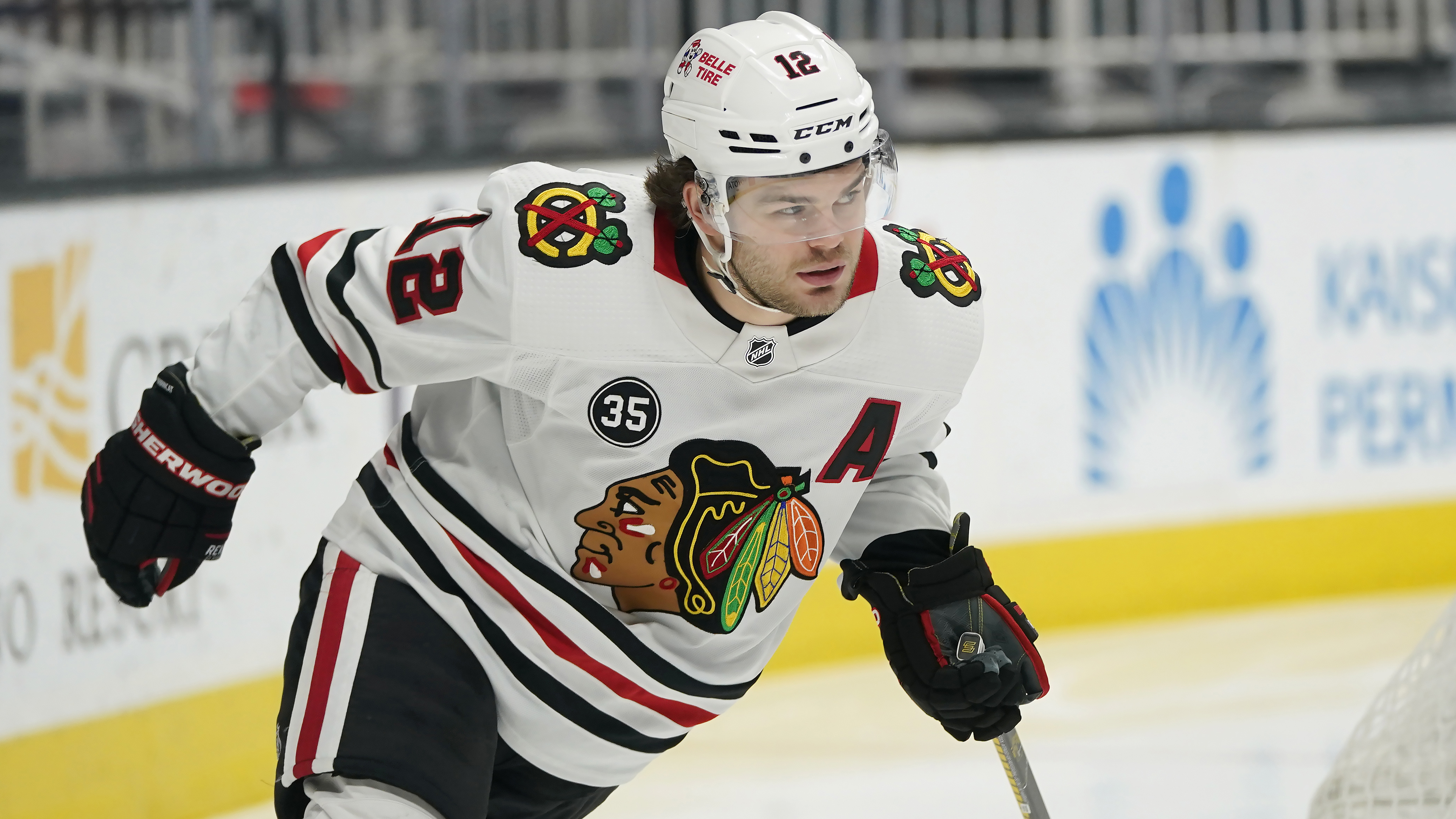 Chicago Blackhawks left wing Alex DeBrincat against the San Jose Sharks during an NHL hockey game in San Jose, Calif., Saturday, April 23, 2022. (AP Photo/Jeff Chiu)