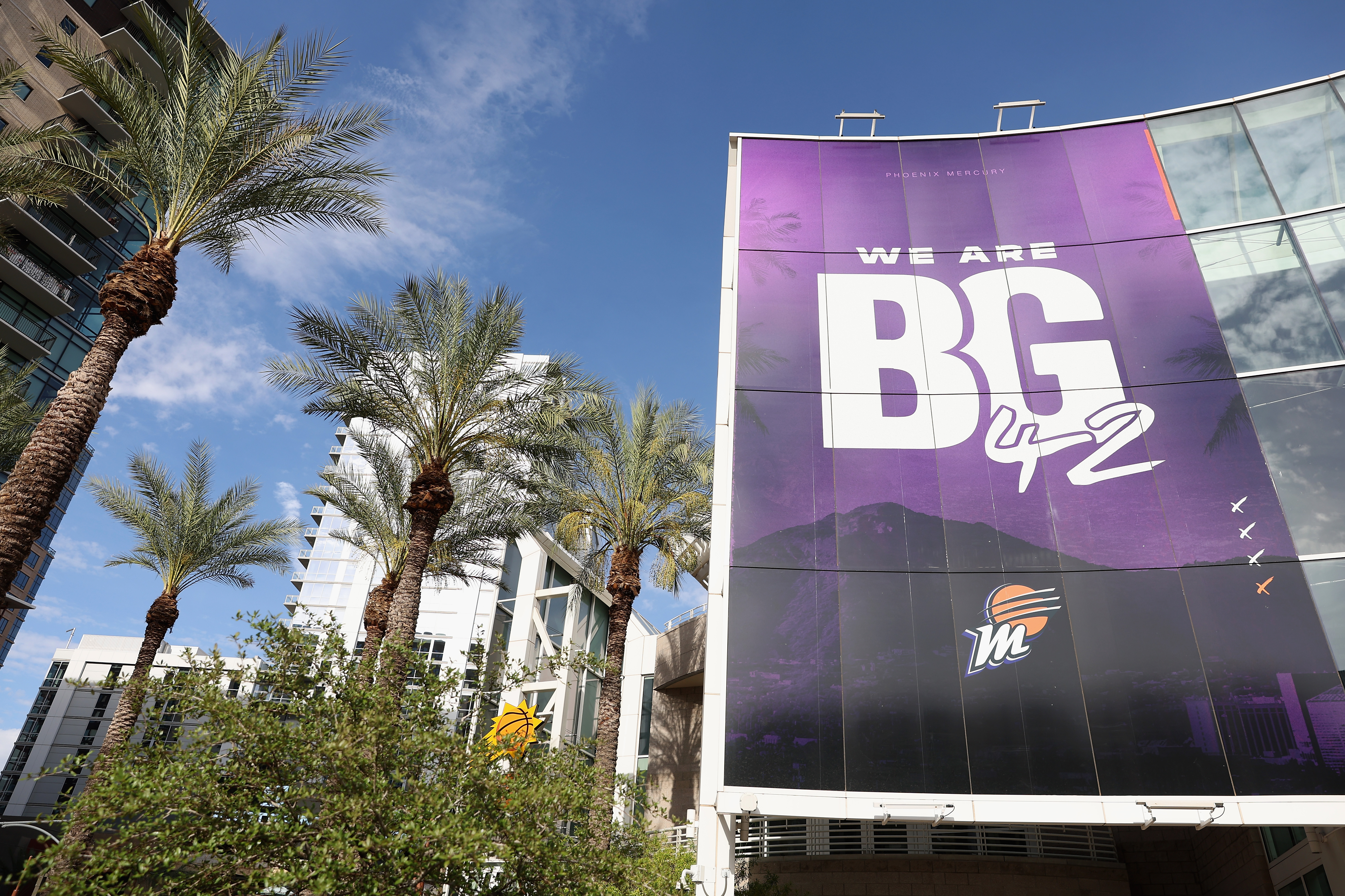 PHOENIX, ARIZONA - JUNE 21: "We Are BG 42" is displayed on the exterior of Footprint Center before the WNBA game between the Phoenix Mercury and the Minnesota Lynx on June 21, 2022 in Phoenix, Arizona.  Brittney Griner of the Phoenix Mercury was detained on February 17, at a Moscow-area airport after cannabis oil was allegedly found in her luggage. NOTE TO USER: User expressly acknowledges and agrees that, by downloading and or using this photograph, User is consenting to the terms and conditions of the Getty Images License Agreement.  (Photo by Christian Petersen/Getty Images)