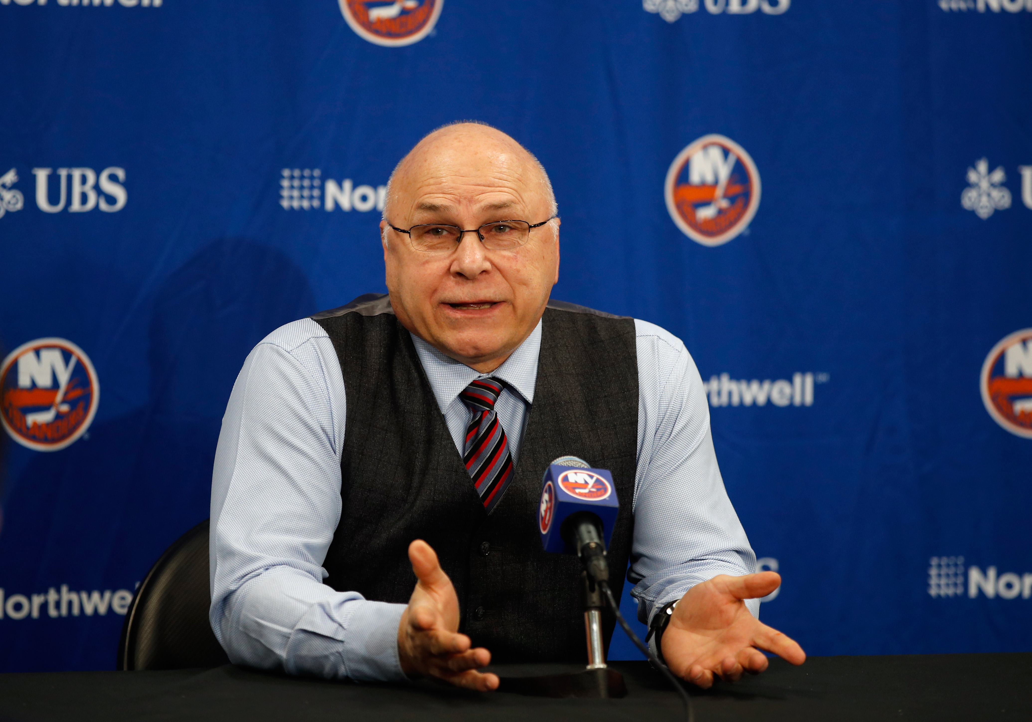 ELMONT, NEW YORK - MARCH 03: Head coach Barry Trotz of the New York Islanders speaks with the media prior to the game against the Vancouver Canucks at the UBS Arena on March 03, 2022 in Elmont, New York. (Photo by Bruce Bennett/Getty Images)