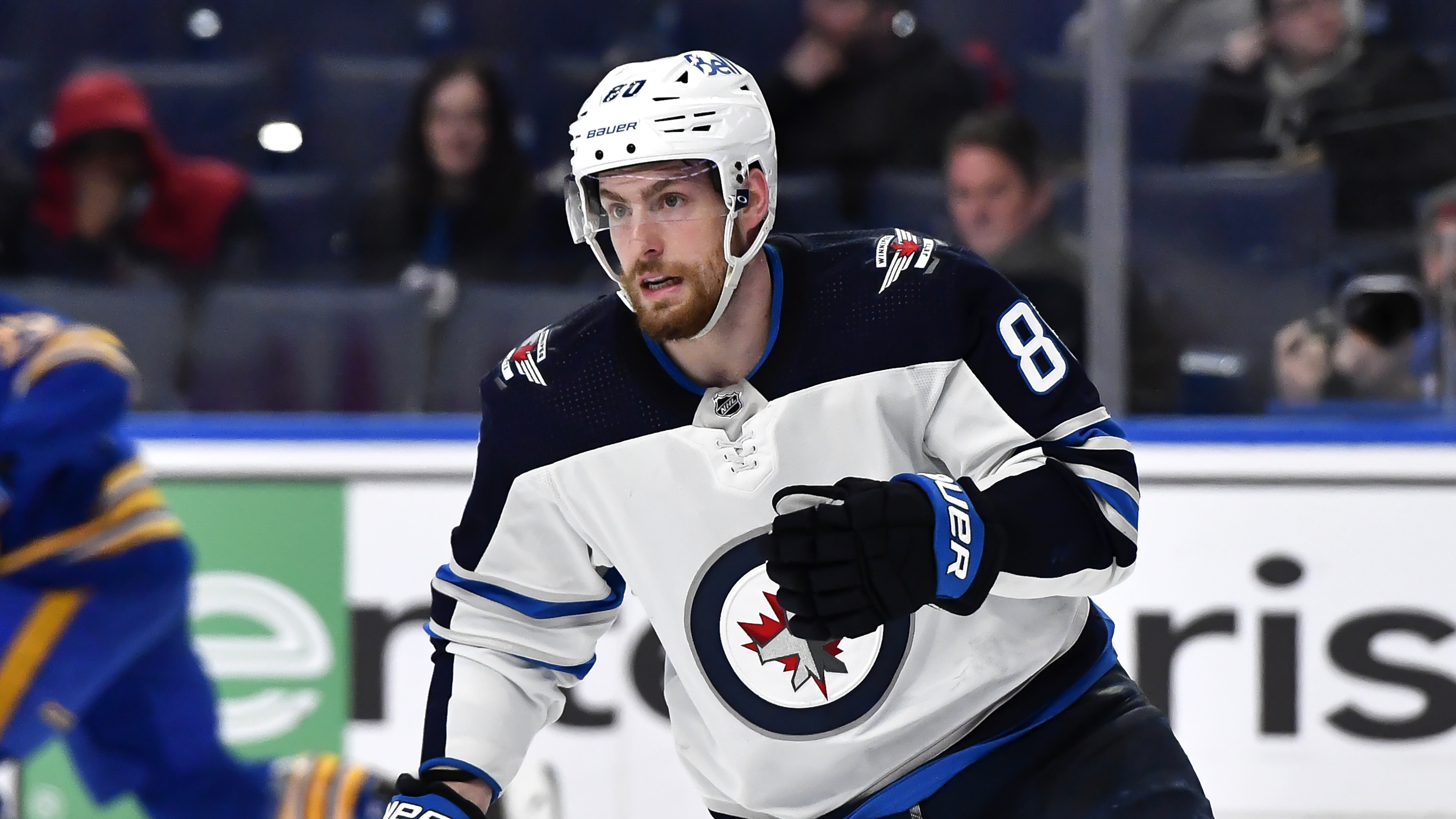 Winnipeg Jets left wing Pierre-Luc Dubois skates during the first period of an NHL hockey game against the Buffalo Sabres in Buffalo, N.Y., Wednesday, March 30, 2022. (AP Photo/Adrian Kraus)