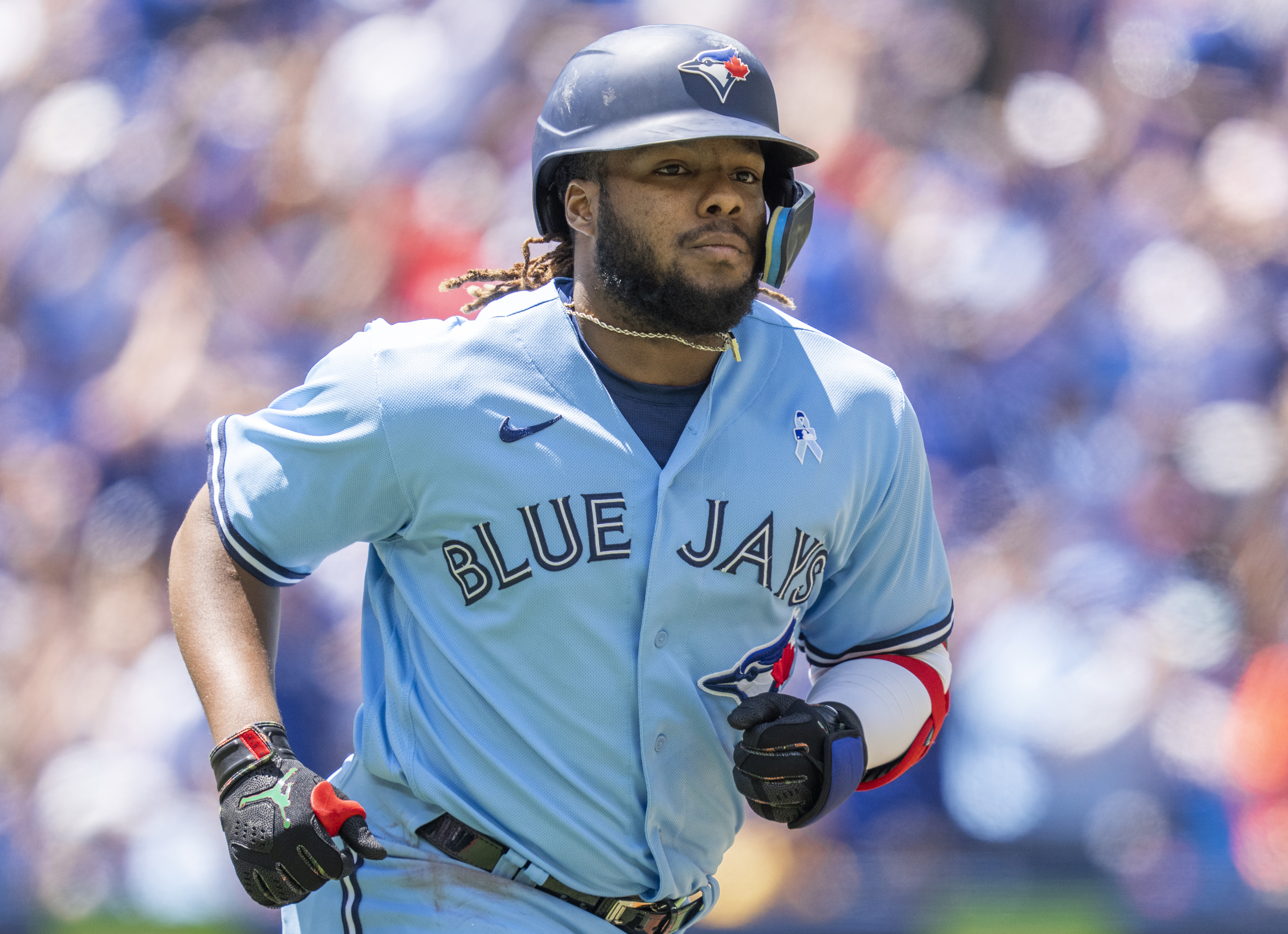 TORONTO, ON - JUNE 19: Vladimir Guerrero Jr. #27 of the Toronto Blue Jays runs the bases on his home run against the New York Yankees in the first inning during their MLB game at the Rogers Centre on June 19, 2022 in Toronto, Ontario, Canada. (Photo by Mark Blinch/Getty Images)