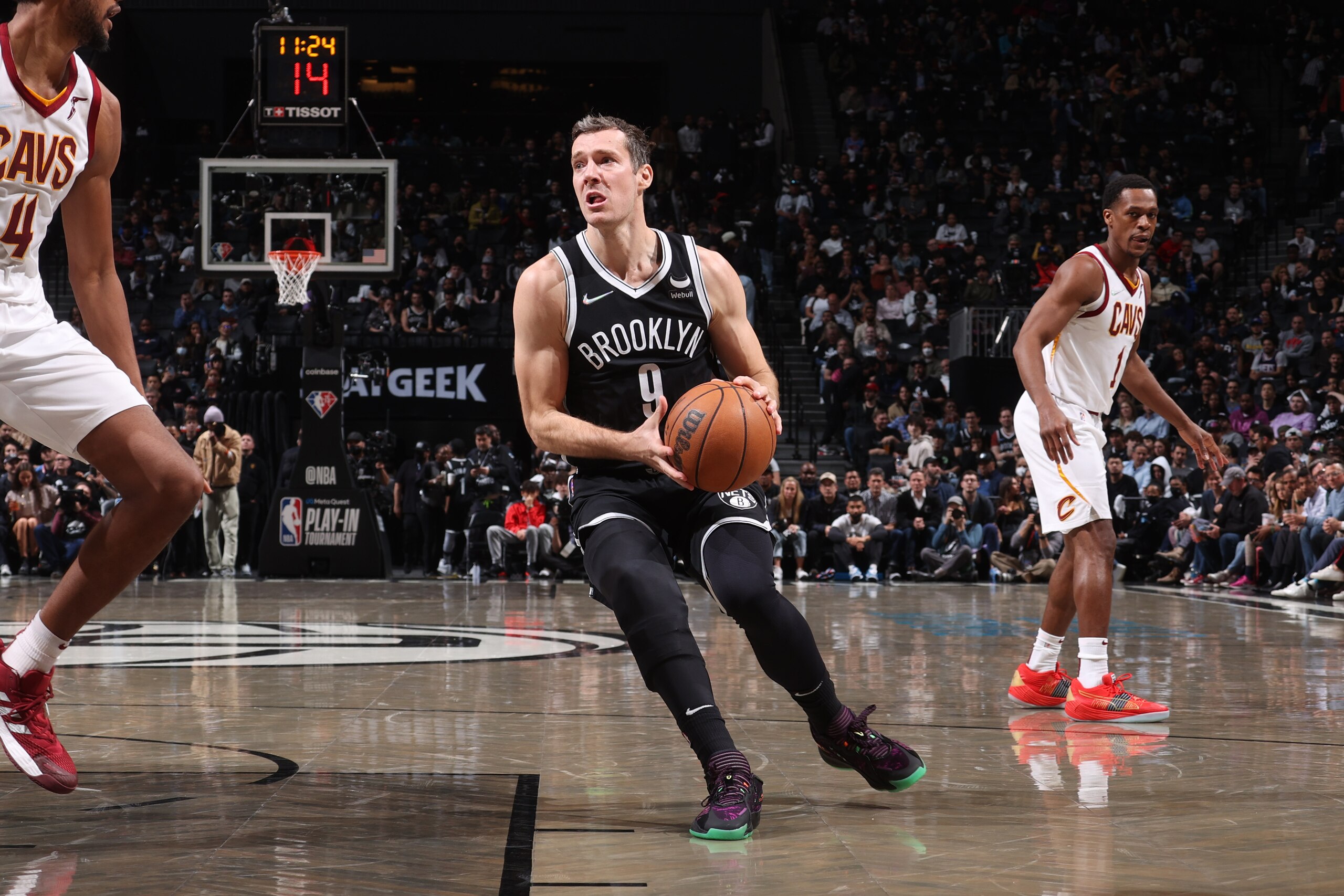 BROOKLYN, NY - APRIL 12: Goran Dragic #9 of the Brooklyn Nets drives to the basket during the game against the Cleveland Cavaliers during the 2022 Play-In Tournament on April 12, 2022 at Barclays Center in Brooklyn, New York. NOTE TO USER: User expressly acknowledges and agrees that, by downloading and or using this Photograph, user is consenting to the terms and conditions of the Getty Images License Agreement. Mandatory Copyright Notice: Copyright 2022 NBAE (Photo by Nathaniel S. Butler/NBAE via Getty Images)