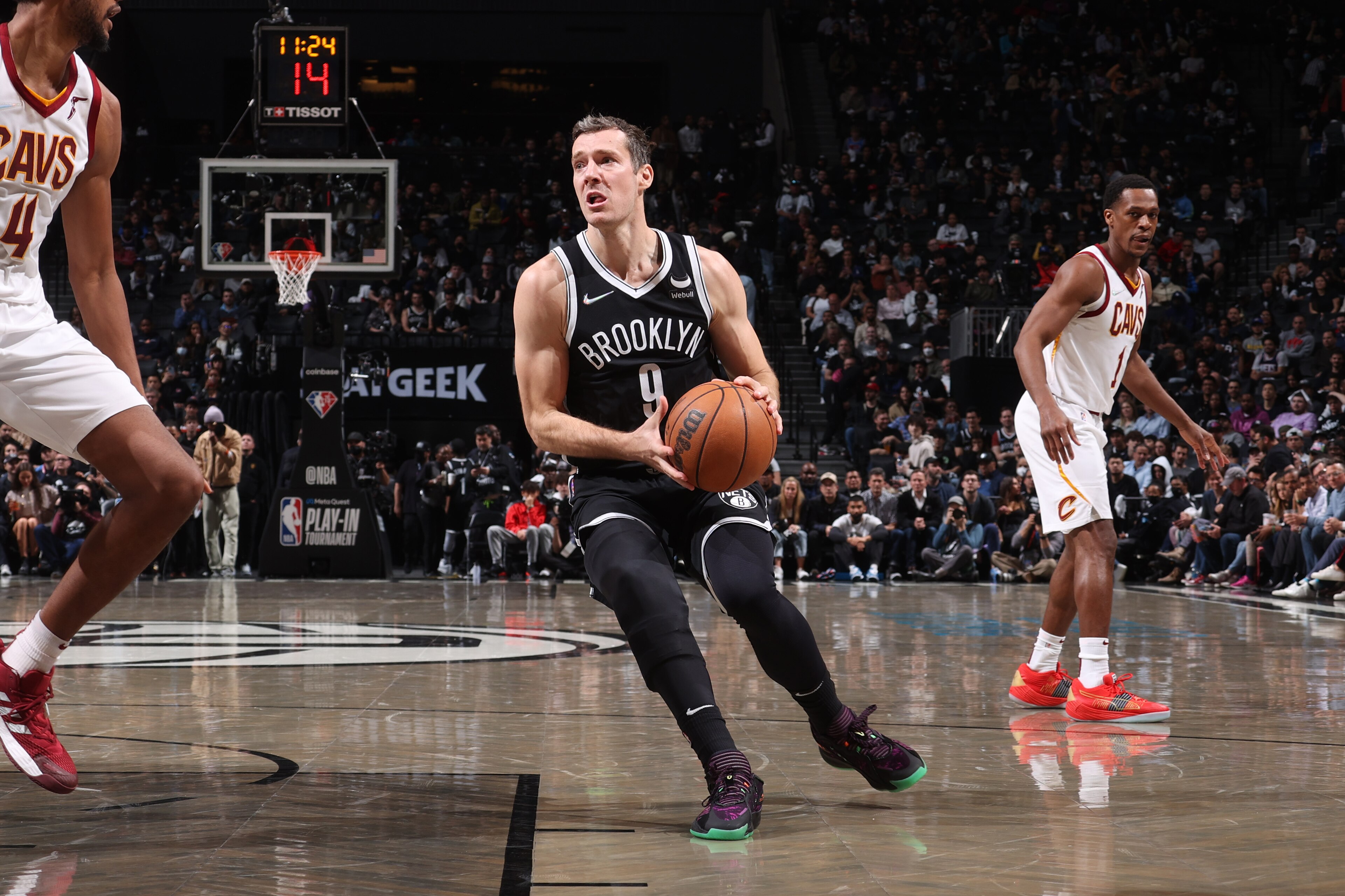 BROOKLYN, NY - APRIL 12: Goran Dragic #9 of the Brooklyn Nets drives to the basket during the game against the Cleveland Cavaliers during the 2022 Play-In Tournament on April 12, 2022 at Barclays Center in Brooklyn, New York. NOTE TO USER: User expressly acknowledges and agrees that, by downloading and or using this Photograph, user is consenting to the terms and conditions of the Getty Images License Agreement. Mandatory Copyright Notice: Copyright 2022 NBAE (Photo by Nathaniel S. Butler/NBAE via Getty Images)
