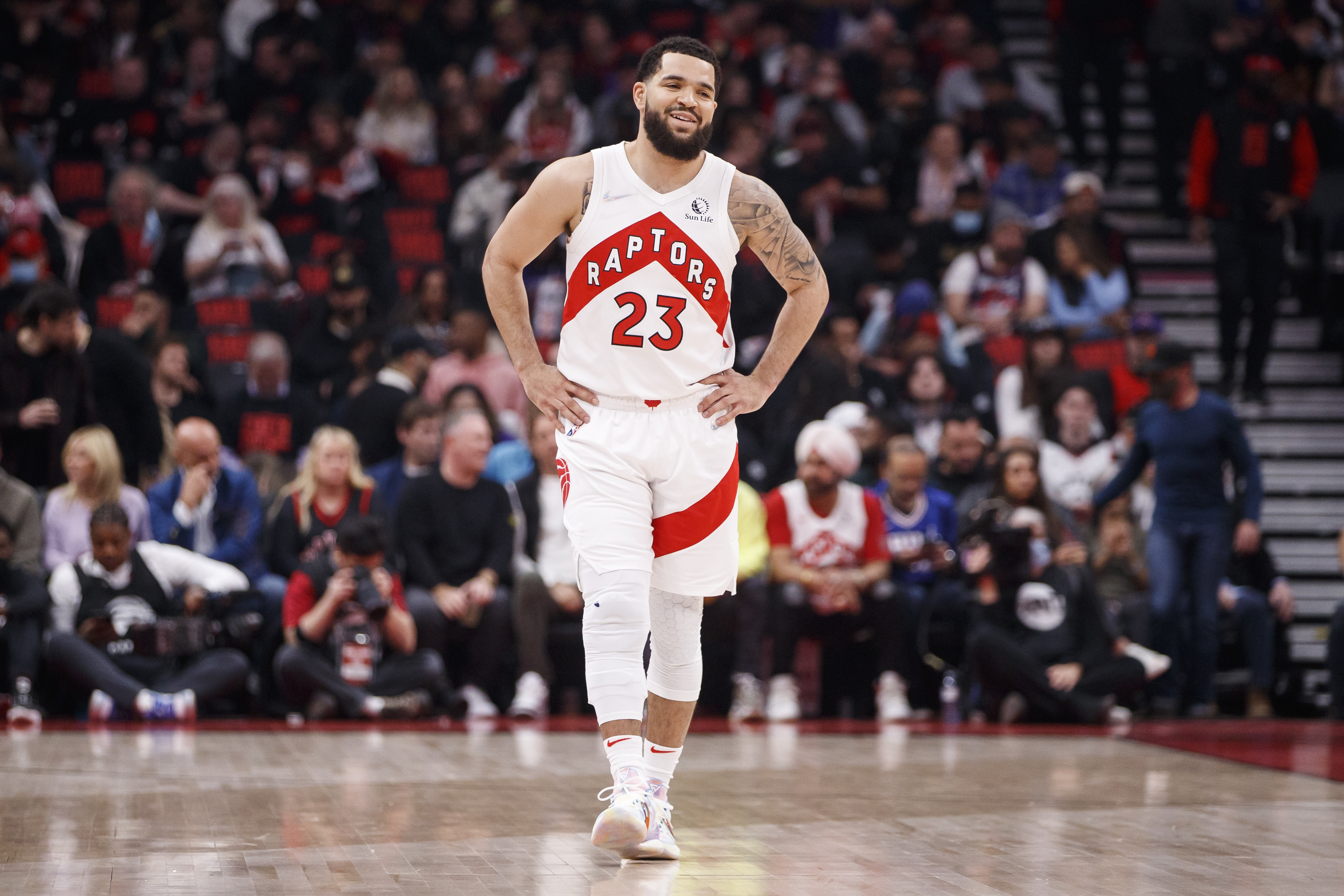 TORONTO, ON - APRIL 23: Fred VanVleet #23 of the Toronto Raptors smiles in the first half of Game Four of the Eastern Conference First Round against the Philadelphia 76ers at Scotiabank Arena on April 23, 2022 in Toronto, Canada. NOTE TO USER: User expressly acknowledges and agrees that, by downloading and or using this Photograph, user is consenting to the terms and conditions of the Getty Images License Agreement. (Photo by Cole Burston/Getty Images)