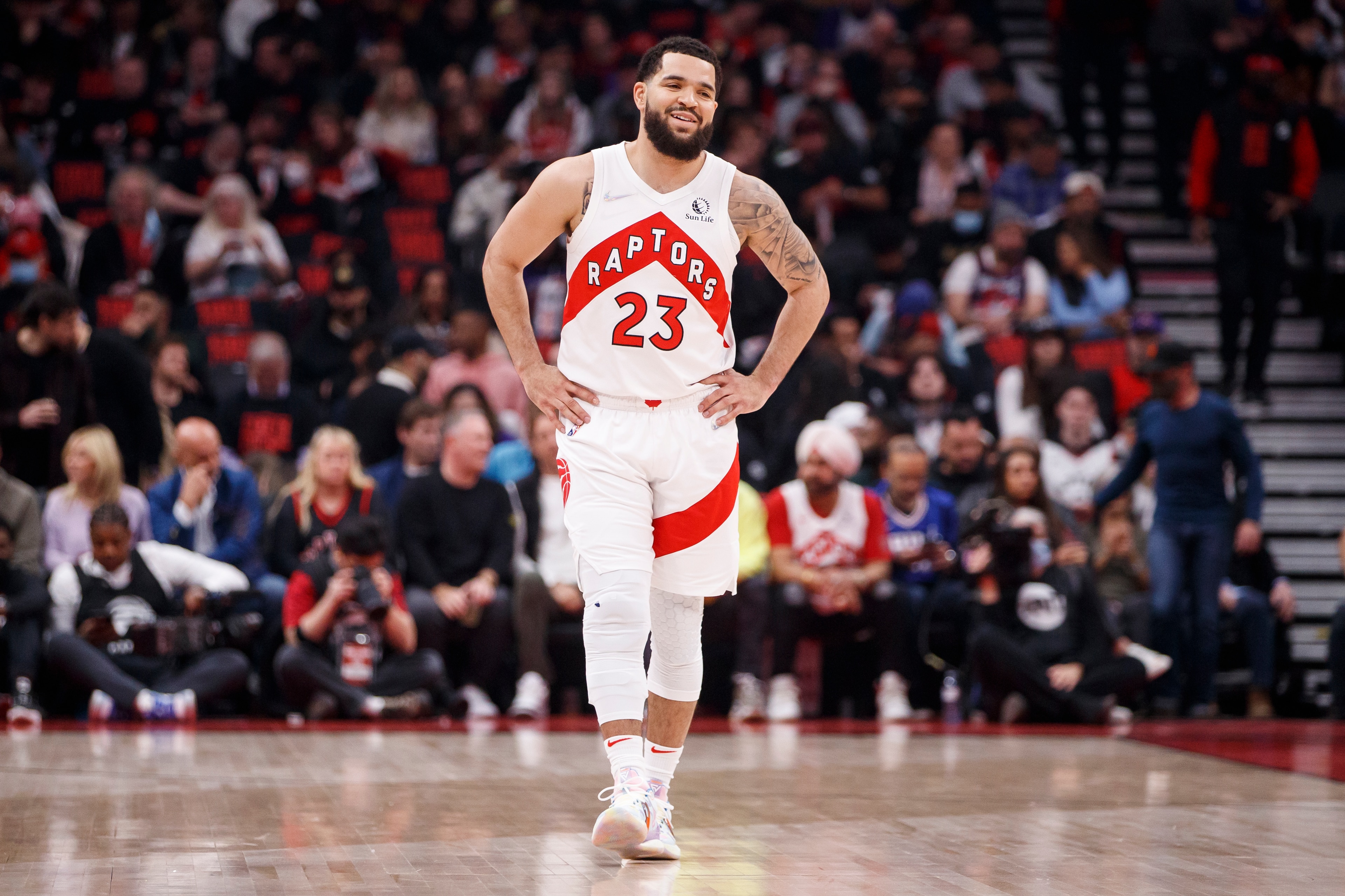 TORONTO, ON - APRIL 23: Fred VanVleet #23 of the Toronto Raptors smiles in the first half of Game Four of the Eastern Conference First Round against the Philadelphia 76ers at Scotiabank Arena on April 23, 2022 in Toronto, Canada. NOTE TO USER: User expressly acknowledges and agrees that, by downloading and or using this Photograph, user is consenting to the terms and conditions of the Getty Images License Agreement. (Photo by Cole Burston/Getty Images) TORONTO, ON - APRIL 23: Fred VanVleet #23 of the Toronto Raptors smiles in the first half of Game Four of the Eastern Conference First Round against the Philadelphia 76ers at Scotiabank Arena on April 23, 2022 in Toronto, Canada. NOTE TO USER: User expressly acknowledges and agrees that, by downloading and or using this Photograph, user is consenting to the terms and conditions of the Getty Images License Agreement. (Photo by Cole Burston/Getty Images)