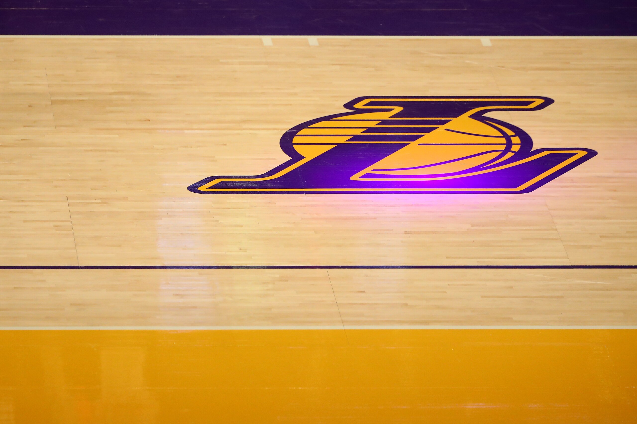 LOS ANGELES, CALIFORNIA - FEBRUARY 18: A general view of the Los Angeles Lakers logo on the court during the fourth quarter of the game between the Los Angeles Lakers and the Brooklyn Nets at Staples Center on February 18, 2021 in Los Angeles, California. NOTE TO USER: User expressly acknowledges and agrees that, by downloading and or using this photograph, User is consenting to the terms and conditions of the Getty Images License Agreement. (Photo by Katelyn Mulcahy/Getty Images)